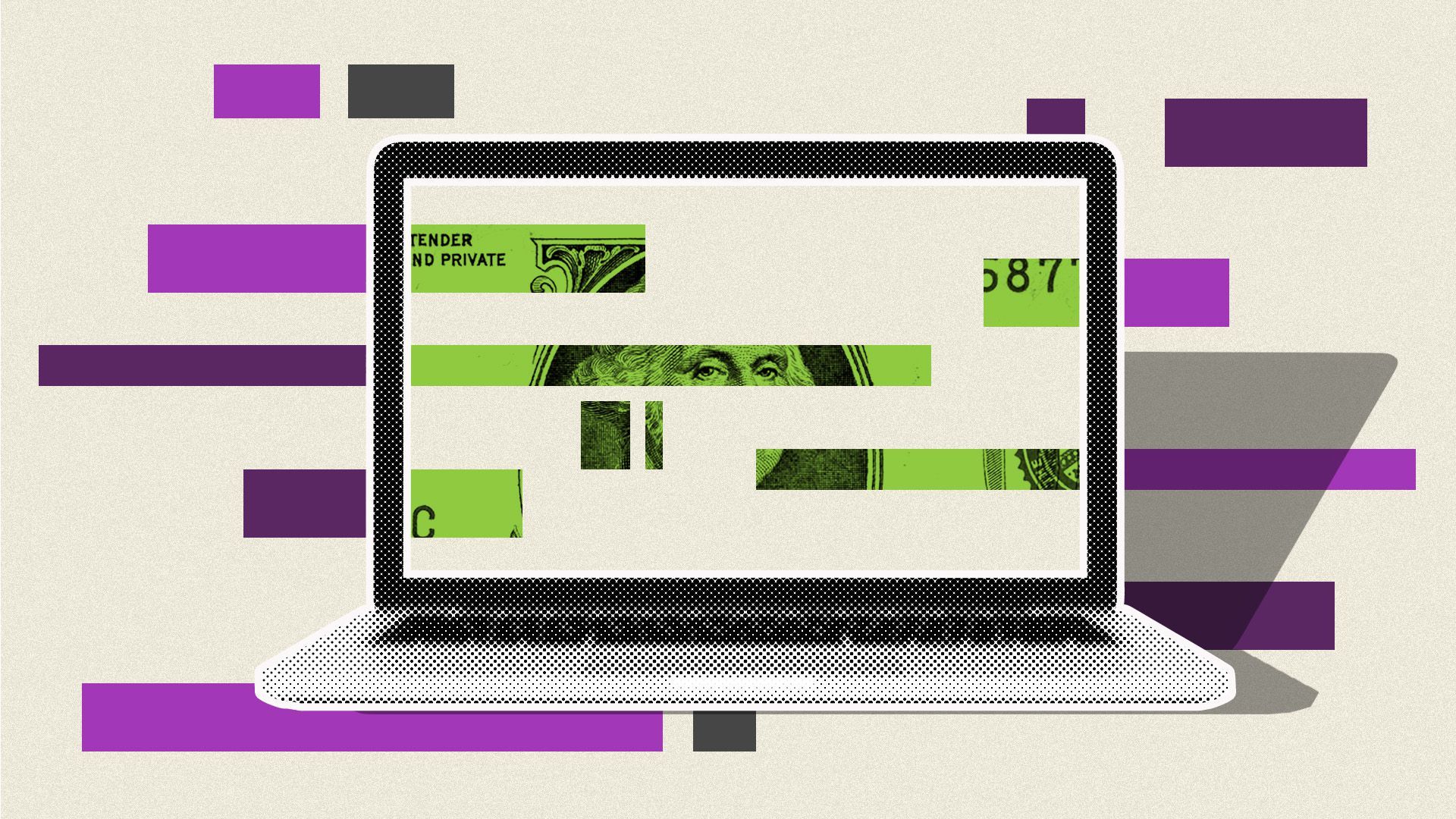Illustration of a laptop with shapes of color revealing a dollar bill
