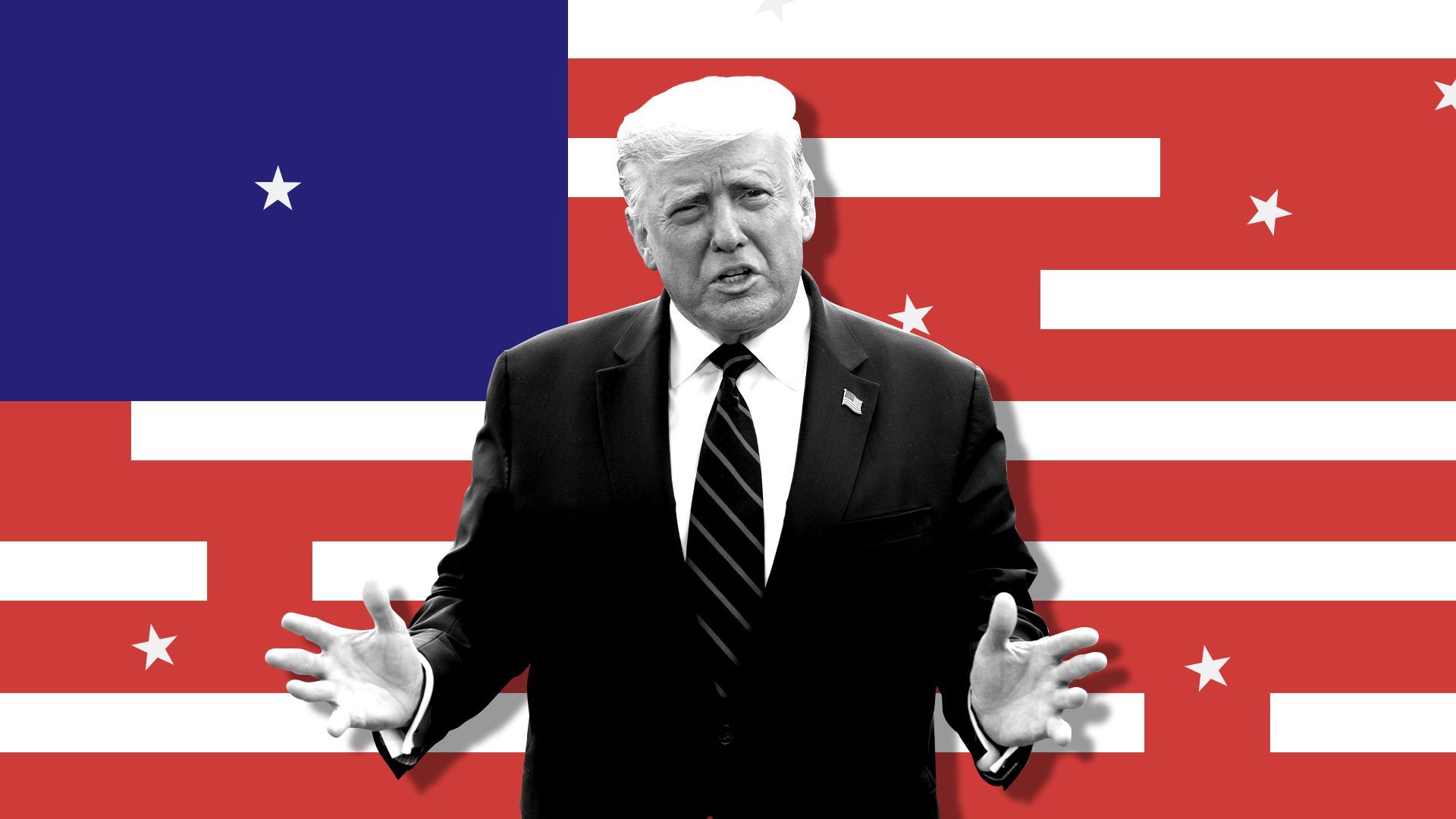 Photo illustration of President Donald Trump in front of a rearranged American flag showing disconnected stripes and random lone stars. 