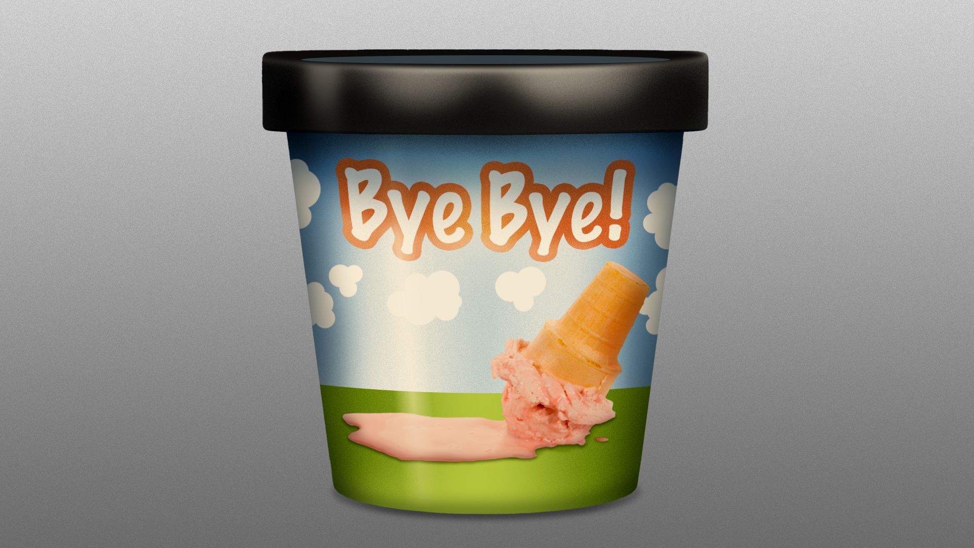 Illustration of a Ben & Jerry's-like ice cream carton with a melting ice cream cone and the words "bye bye!"