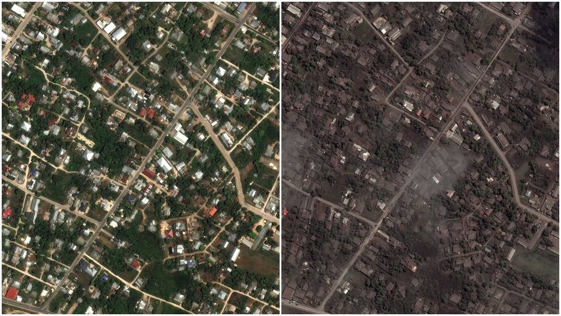 Satellite images of homes and other buildings before and after Tonga's volcanic eruption.