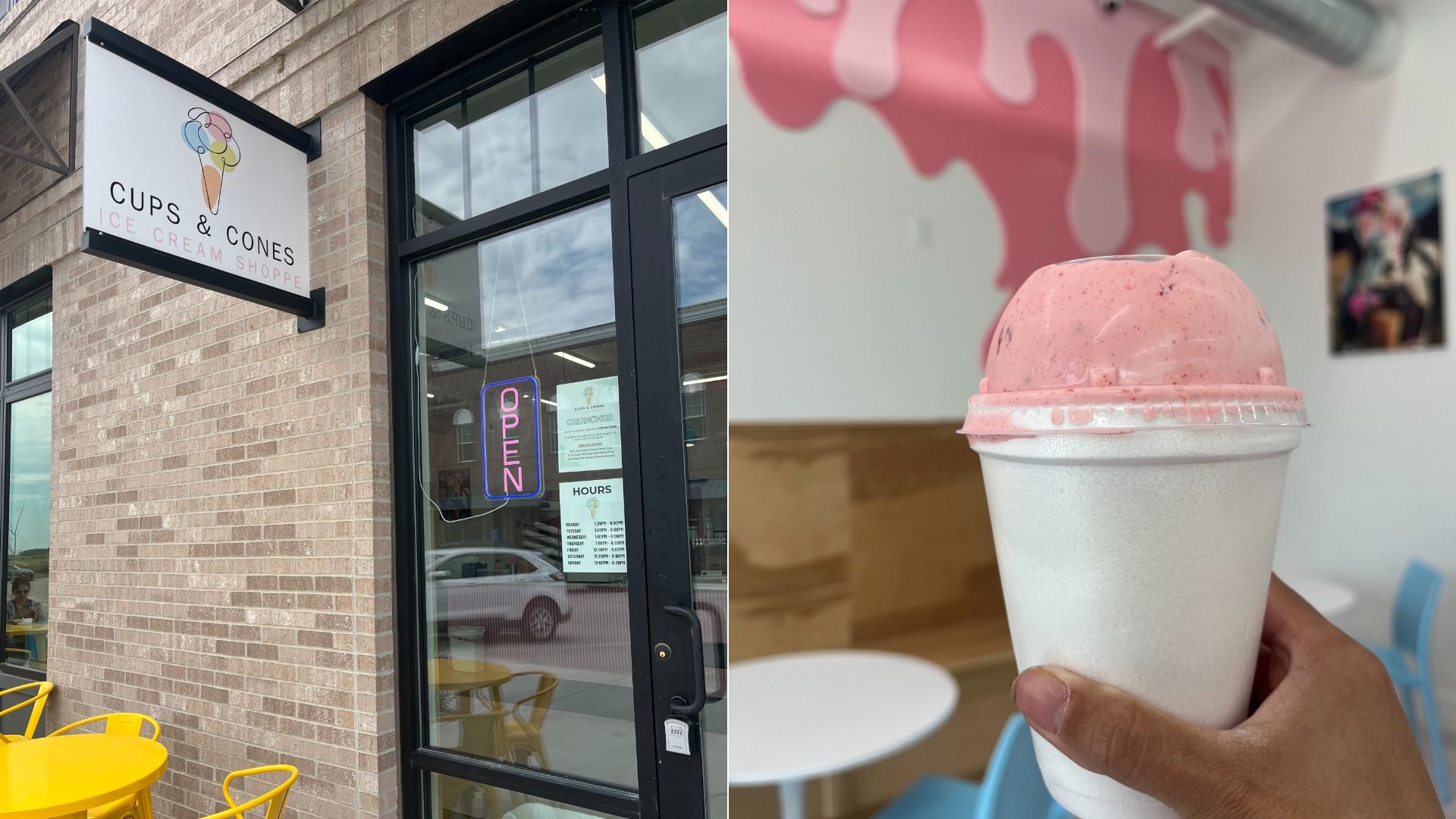 Left: Cups & Cones Ice Cream Shoppe sign on a brick building with a neon OPEN sign; right: pink strawberry ice cream in a white cup held by a hand, with a pink mural in the background.