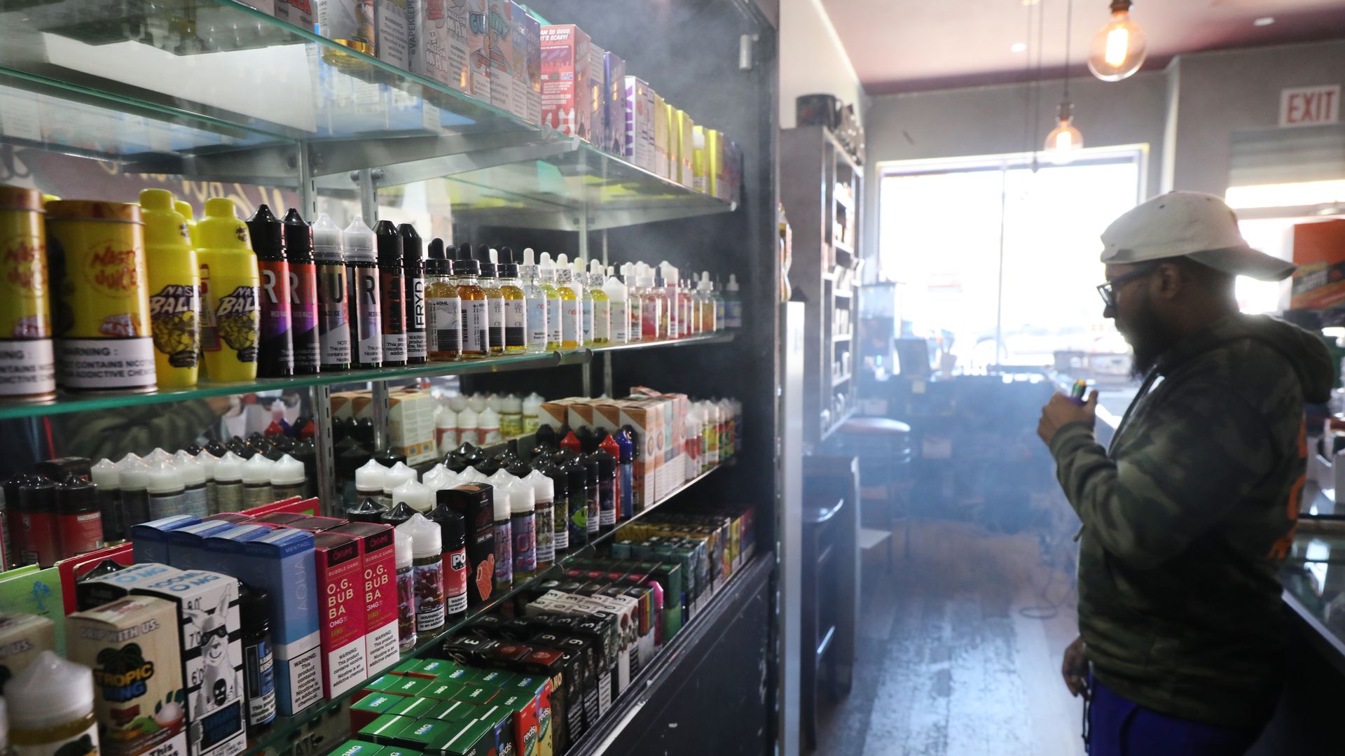 Vaping products, including flavored vape liquids and pods, are displayed at Gotham Vape in Queens, on September 17, 2019 in New York City.