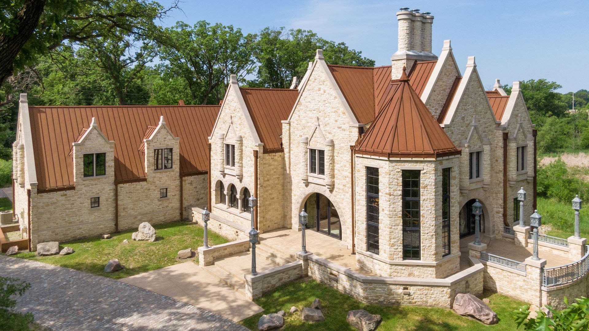 The exterior of a $7.5 million manor for sale in Orono, Minnesota.