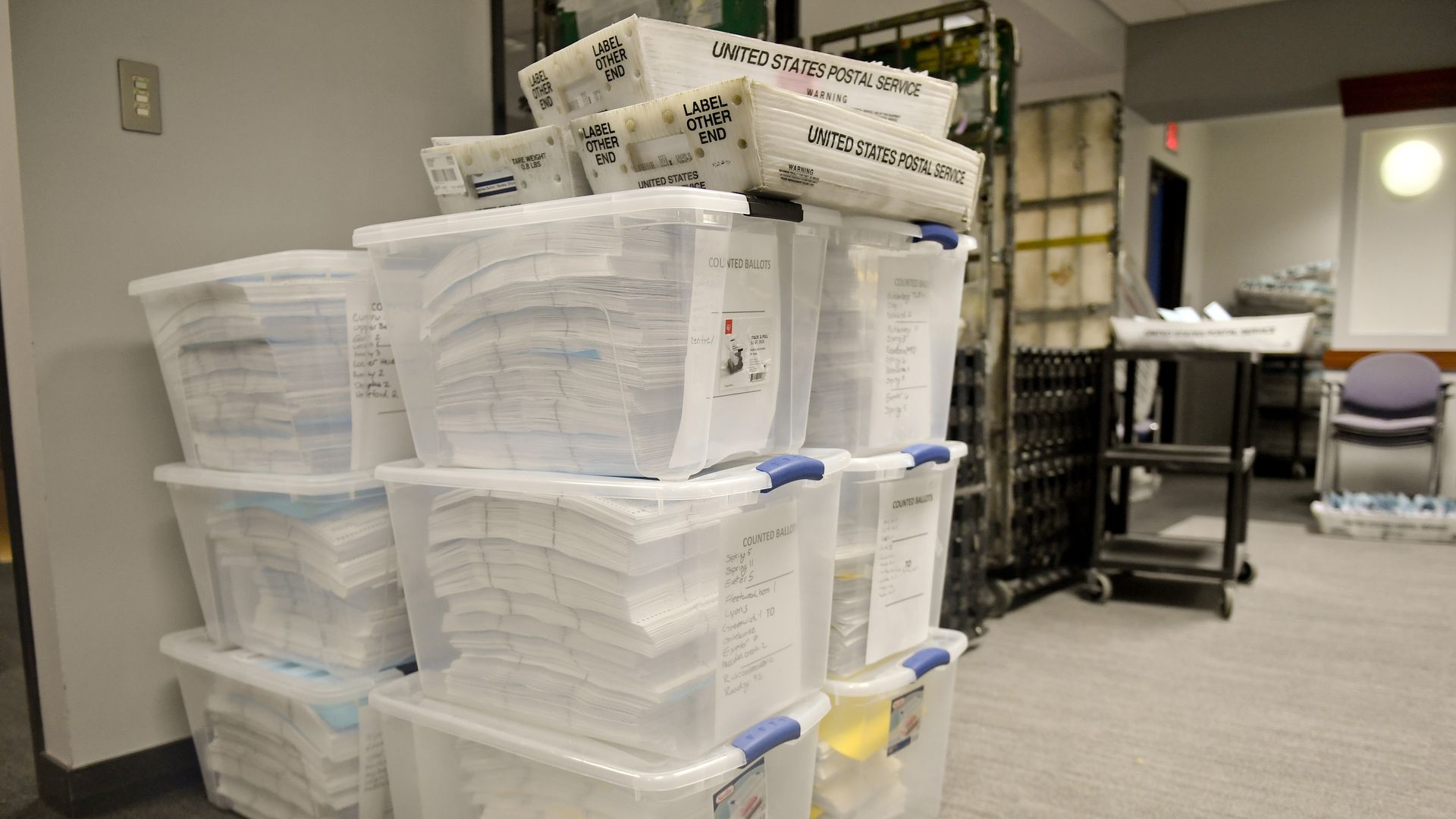 Containers of mail-in ballots in Reading, Pennsylvania, on June 3.