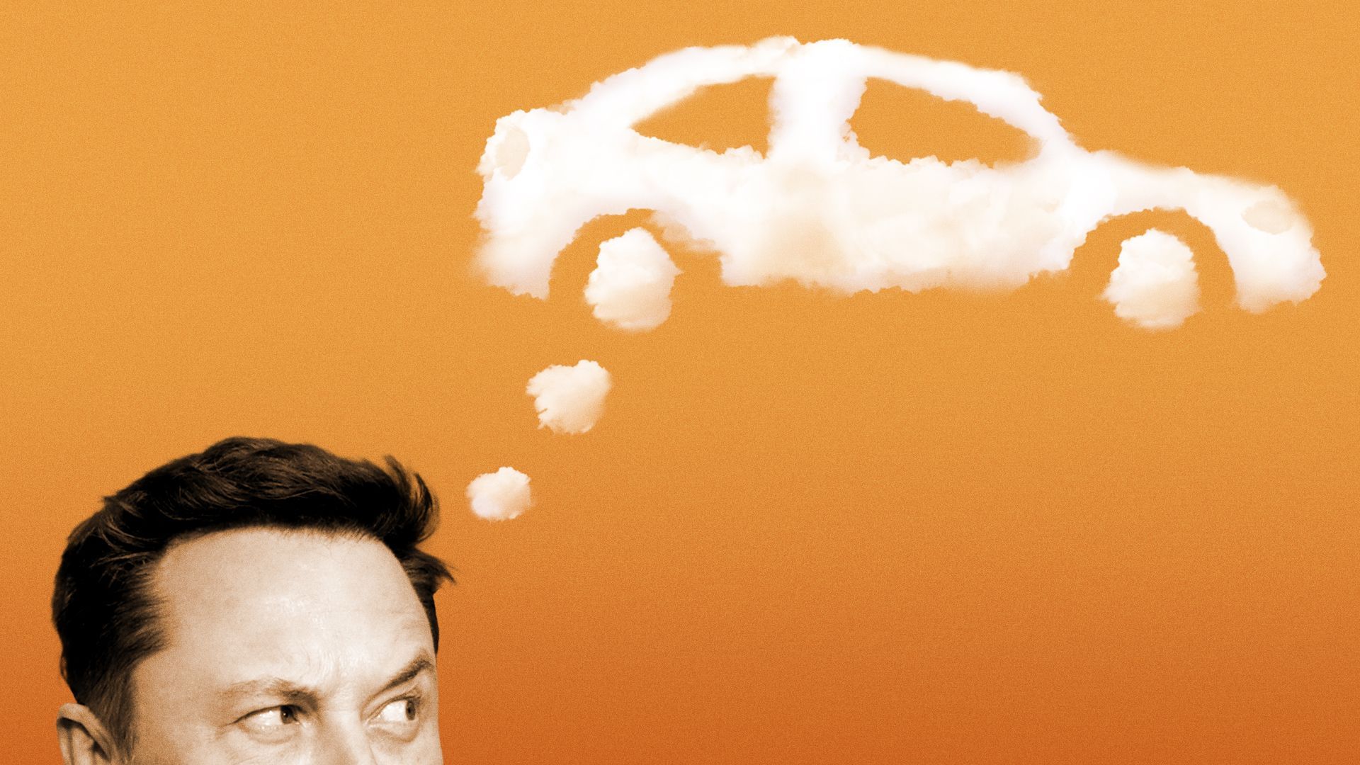 Photo illustration of Elon Musk with a car shaped thought bubble.