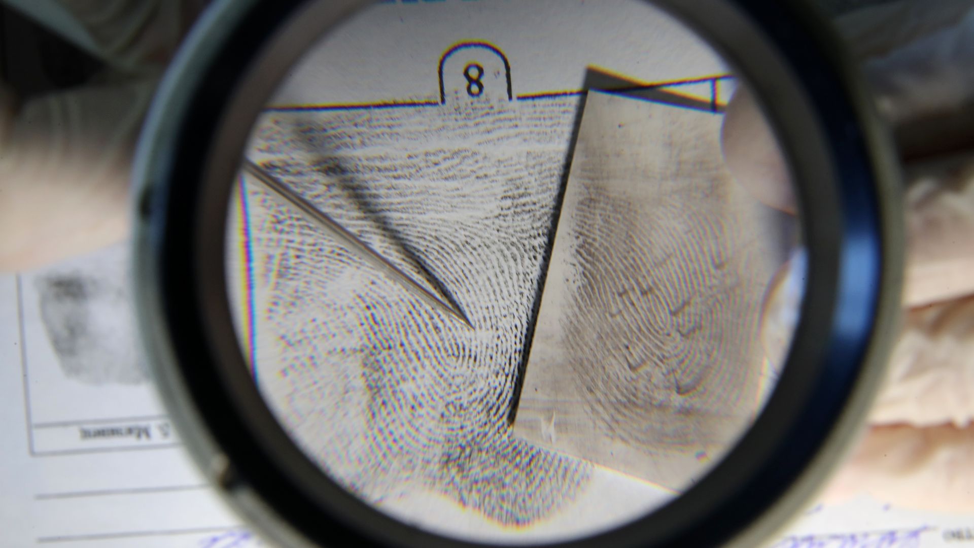 A fingerprint is examined under a magnifier in a Moscow lab. 