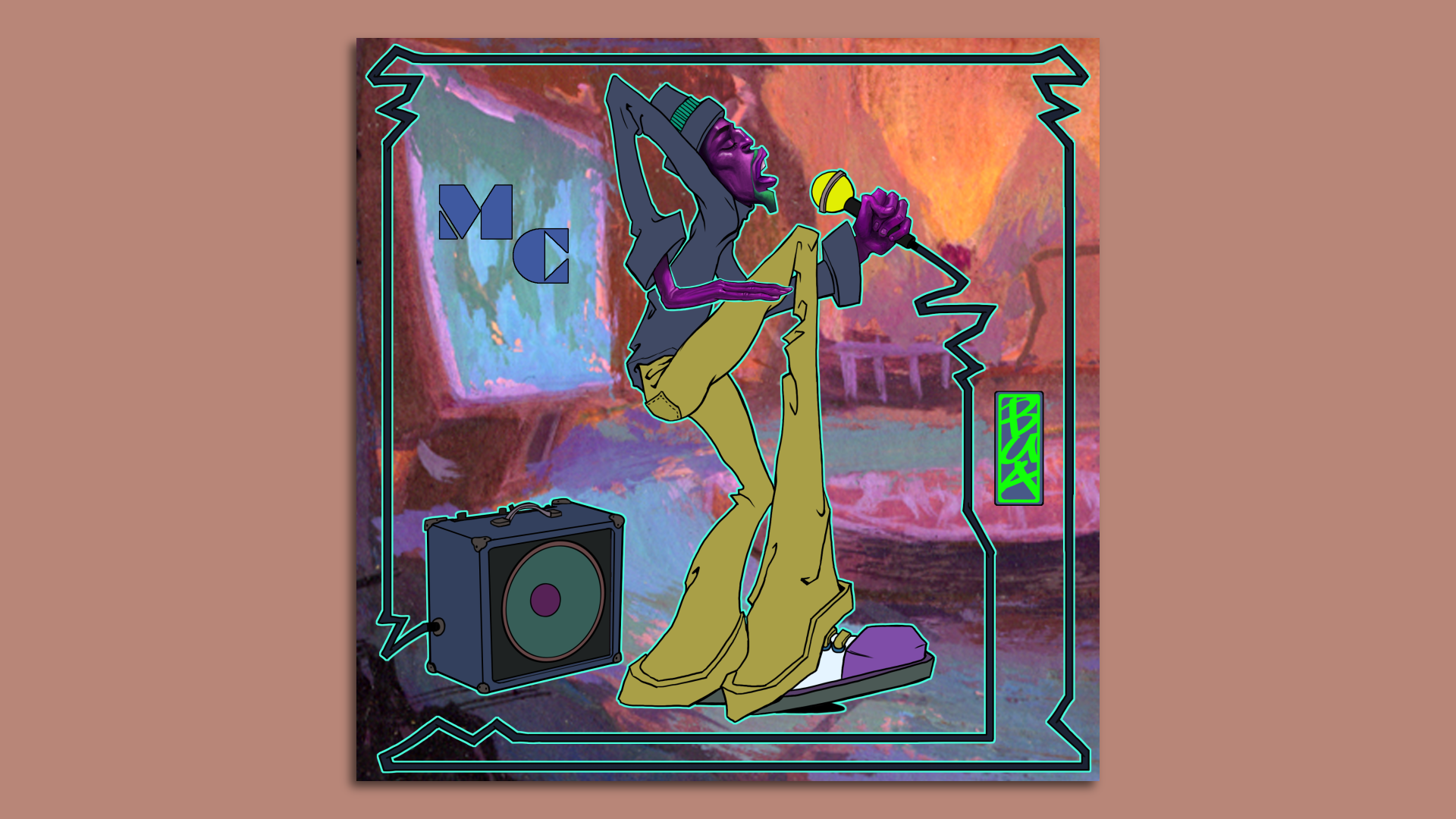 A reproduction of one of Justin Bua's first NFTs, "The MC." The artwork shows an emcee speaking into a microphone, overlayed on a painting of a city.