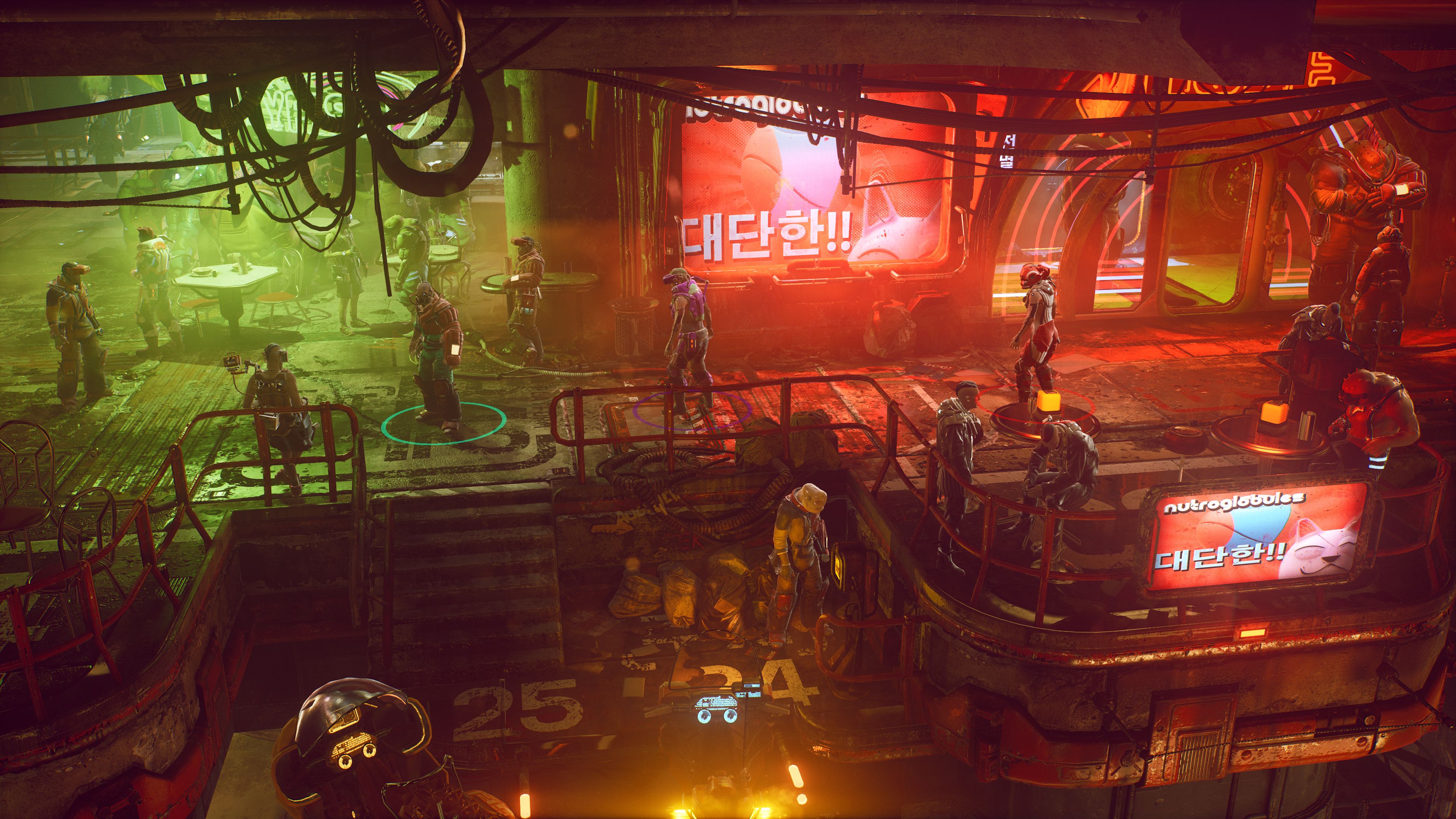 Video game screenshot of characters in a grimy futuristic city