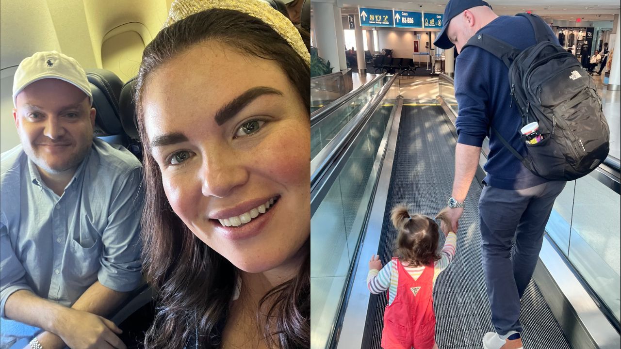 Left: Smiling man in blue shirt and white cap seated on airplane next to smiling woman with dark hair and gold headband. Right: Man in blue cap and backpack holding hand of little girl in red overalls on airport moving walkway.
