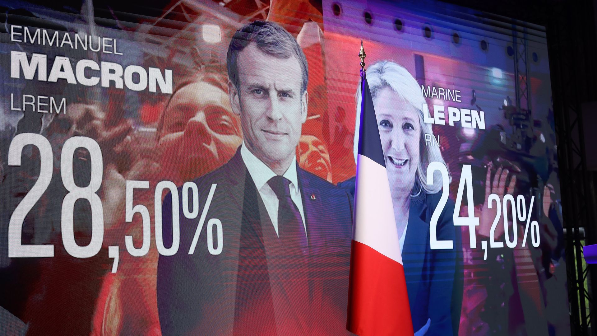 Macron and Le Pen on a projections screen