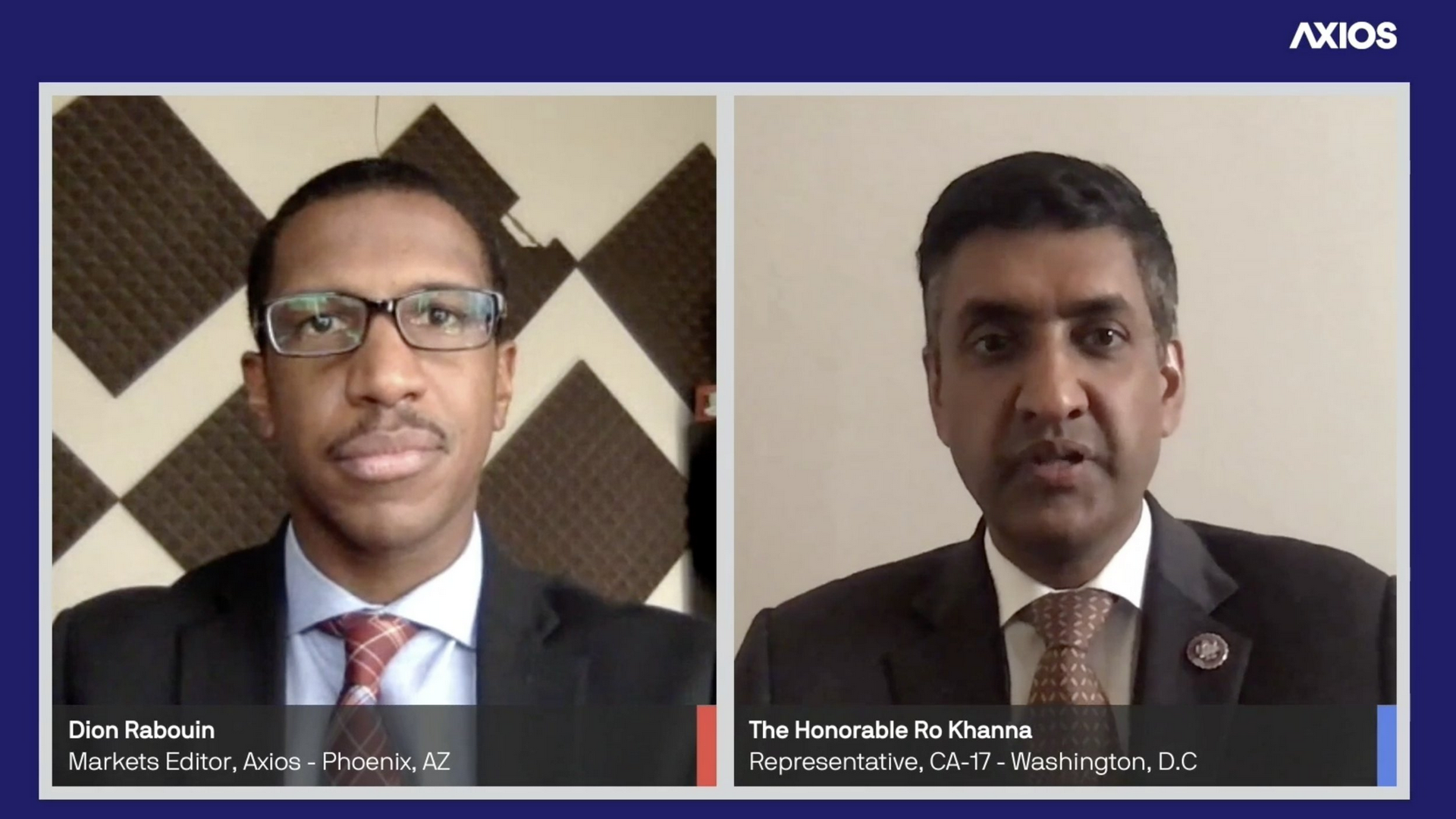 Screenshot of an Axios virtual event, Axios' Dion Rabouin is on the left screen and Rep. Ro Khanna is on the right screen