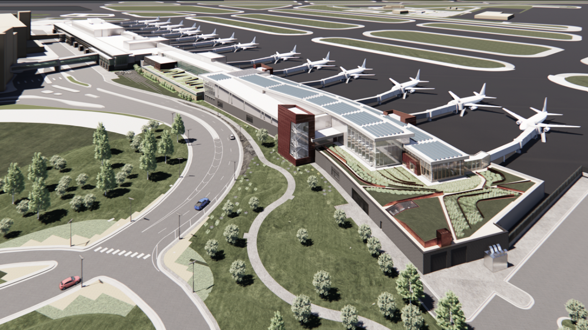 A rendering of an airport terminal addition with several planes at gates on a tarmac