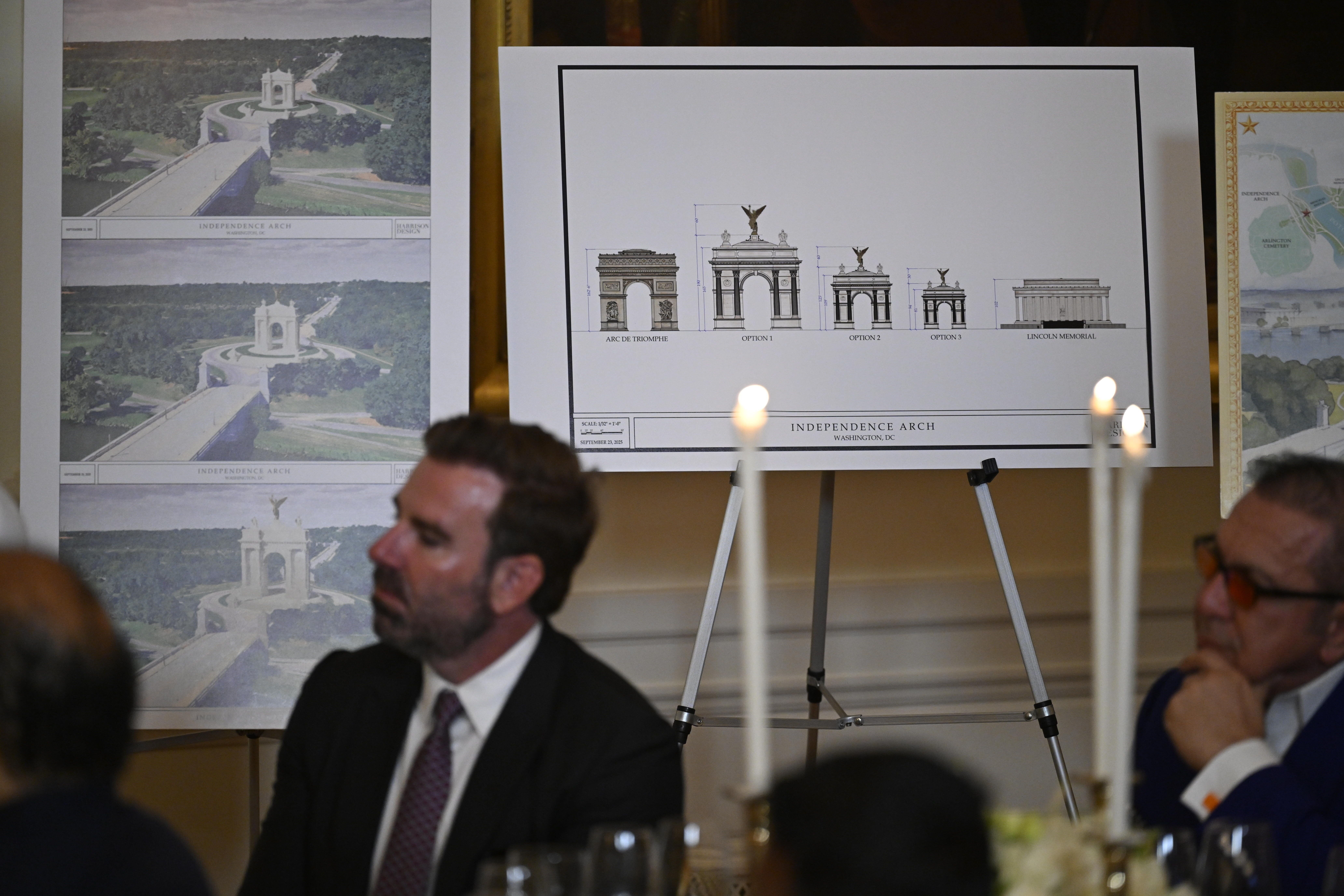 Guests listen as President Donald Trump addresses a dinner for donors who have contributed to build the new ballroom at the White House, Wednesday, Oct. 15, 2025, in Washington. (AP Photo/John McDonnell)