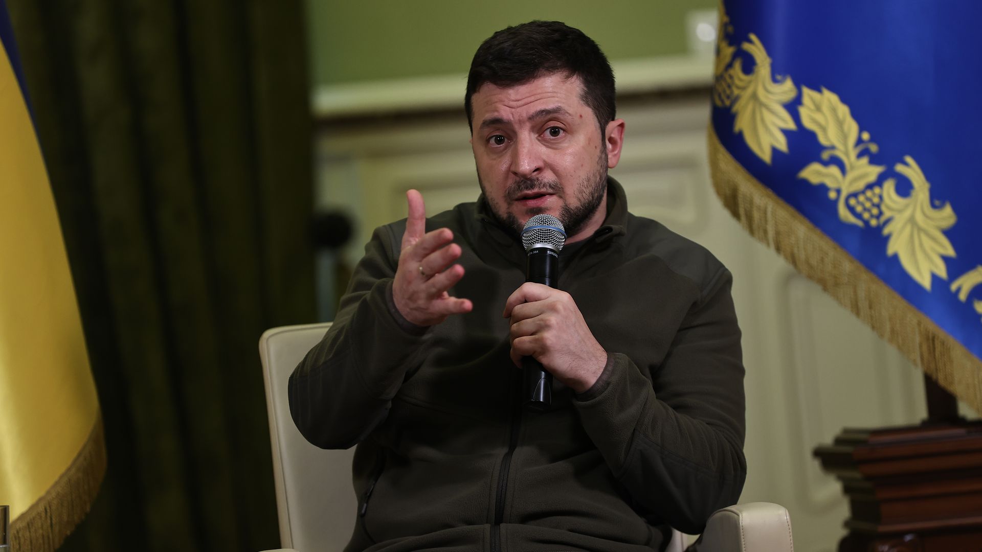 President of Ukraine, Volodymyr Zelenskyy speaks during a press conference in Kyiv, Ukraine on March 12