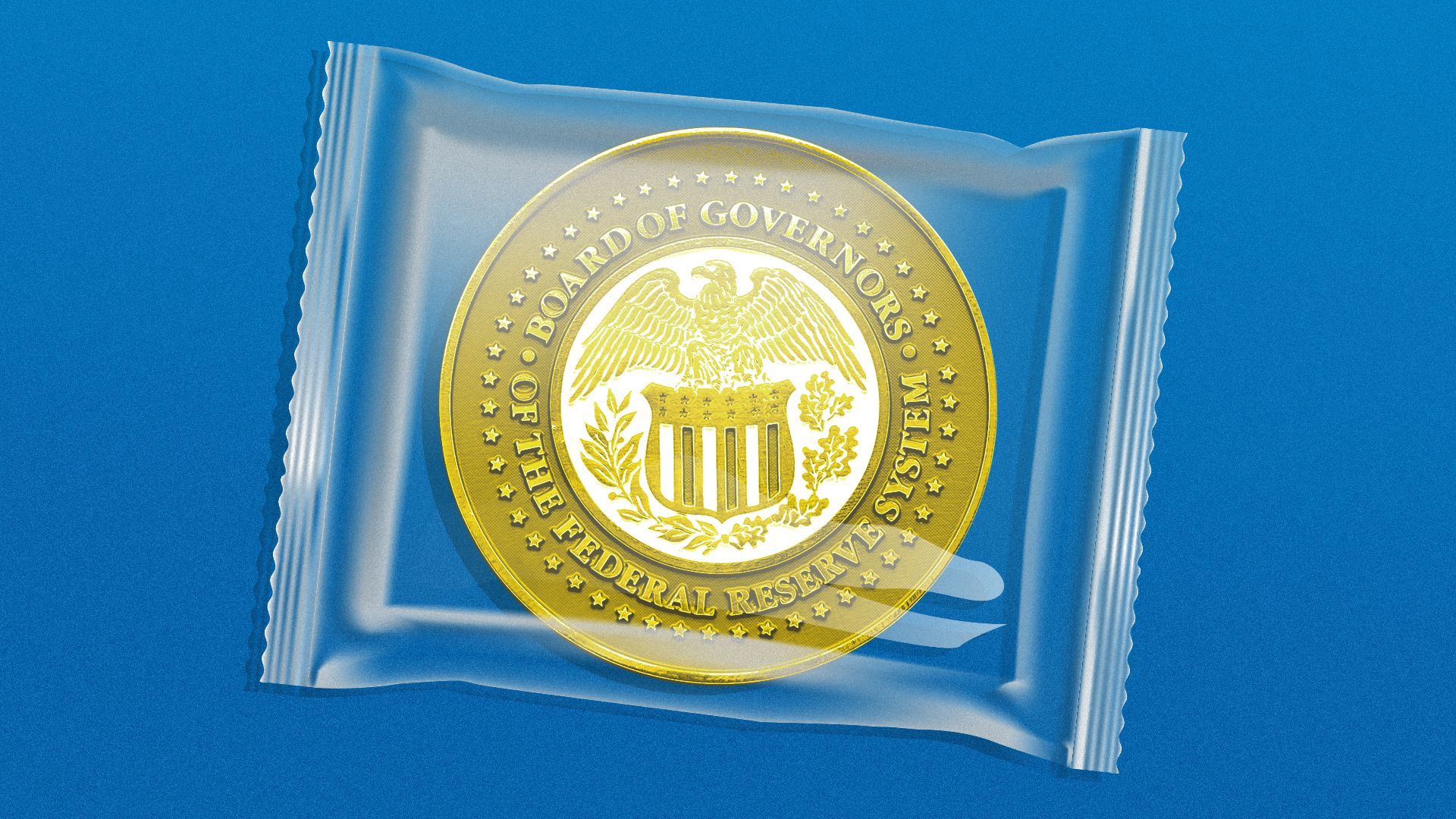 Illustration of a yellow Federal Reserve seal inside a candy wrapper