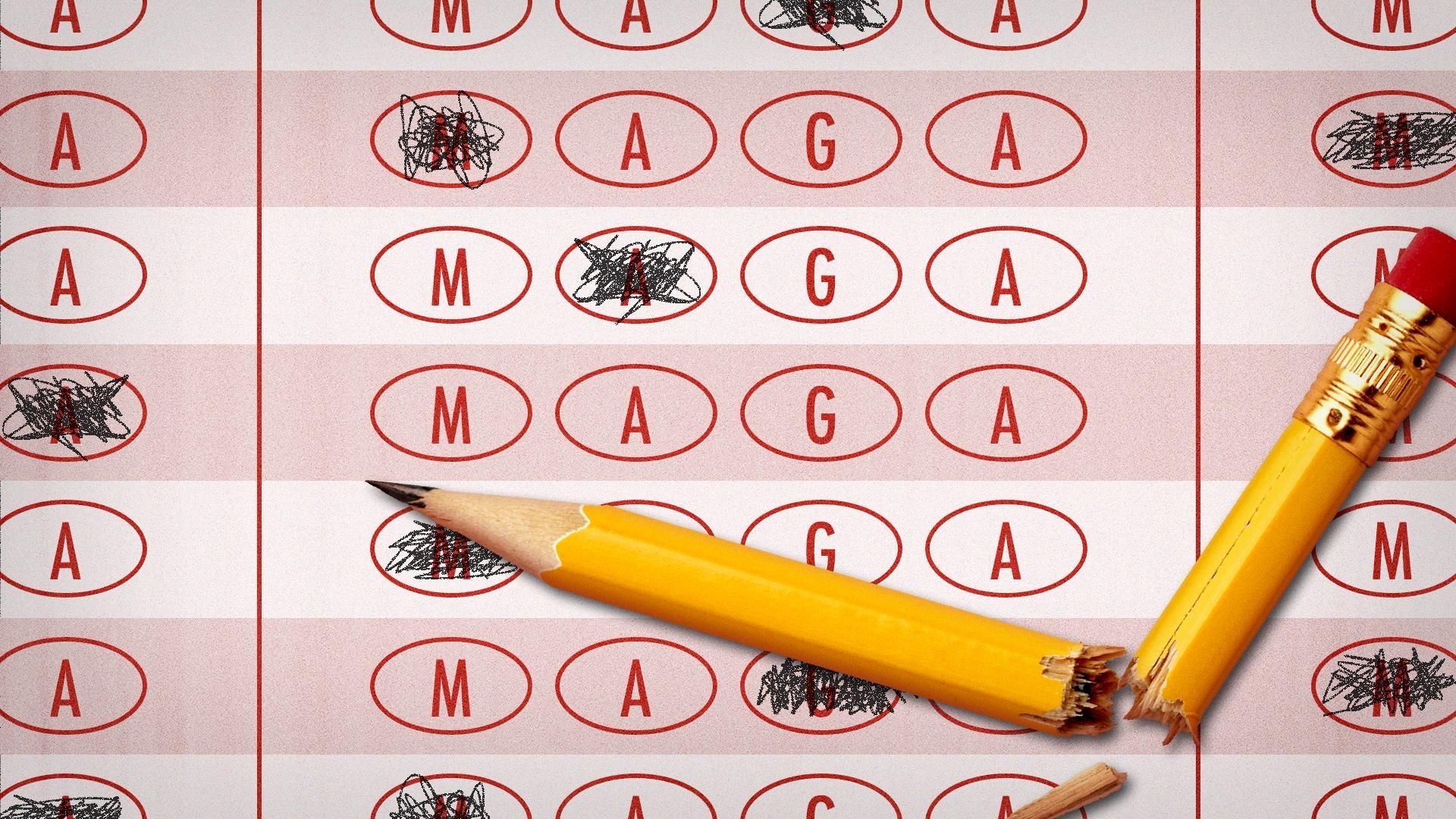 Illustration of a broken yellow pencil on top of a grid filled with red ovals containing the letters M, A, G, and A, like a standardized test.