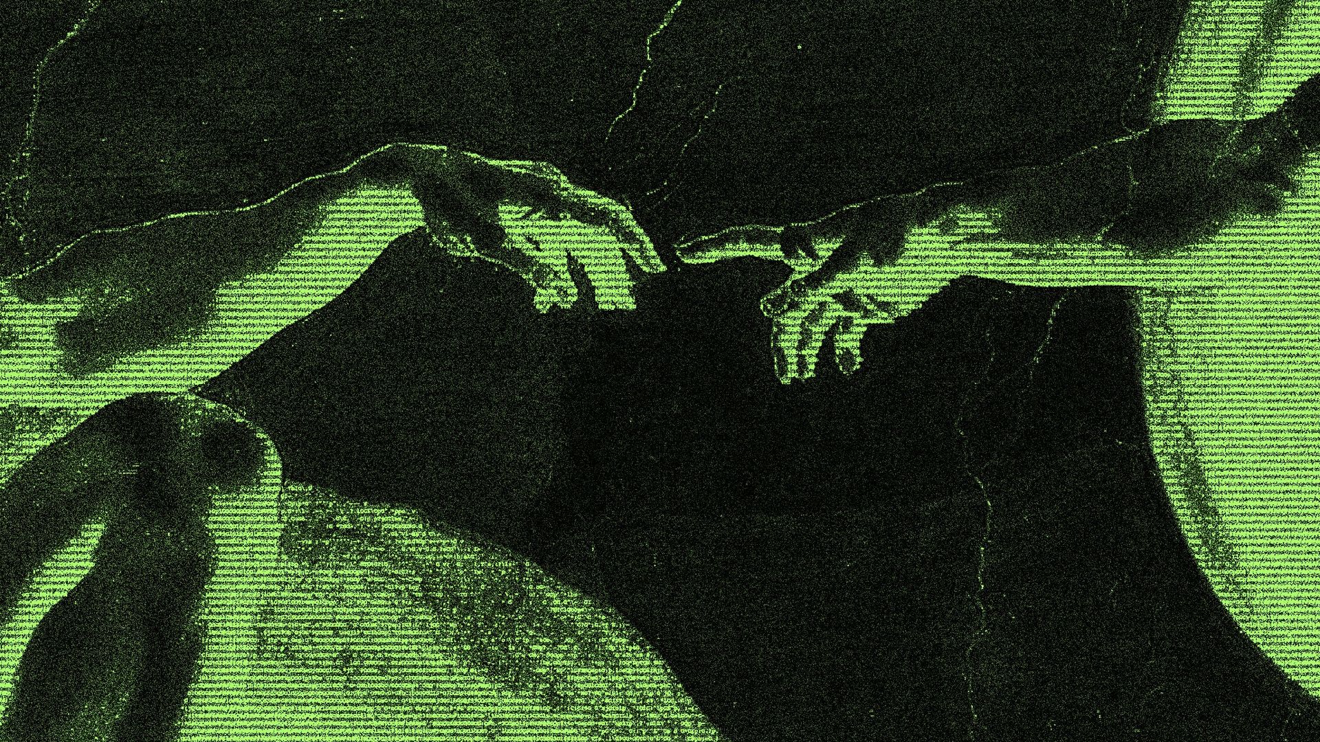 Illustration of The Creation of Adam made from artifacted digital code