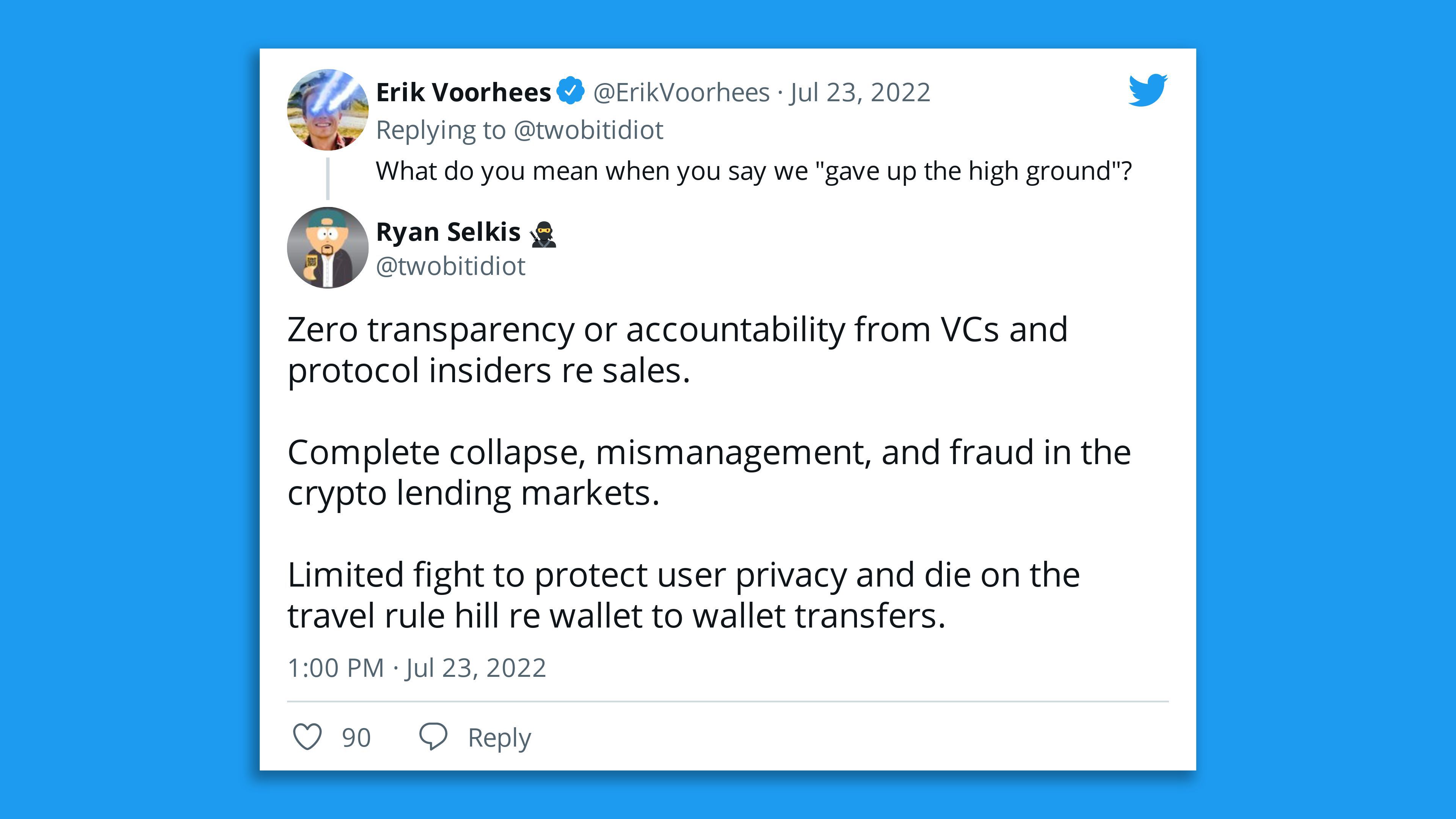 Further in the thread from Selkis on July 23, with a cameo from Erik Voorhees.