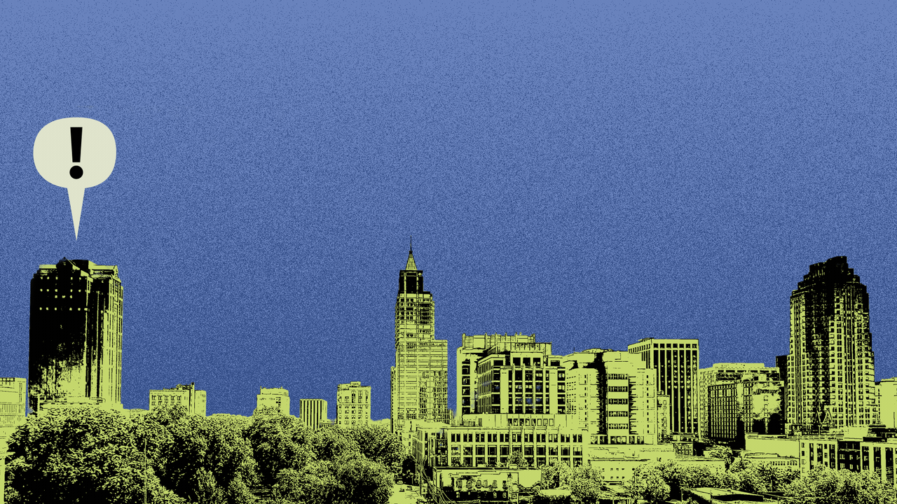 Illustration of the Raleigh skyline with word balloons with question marks popping up from left to right above it.