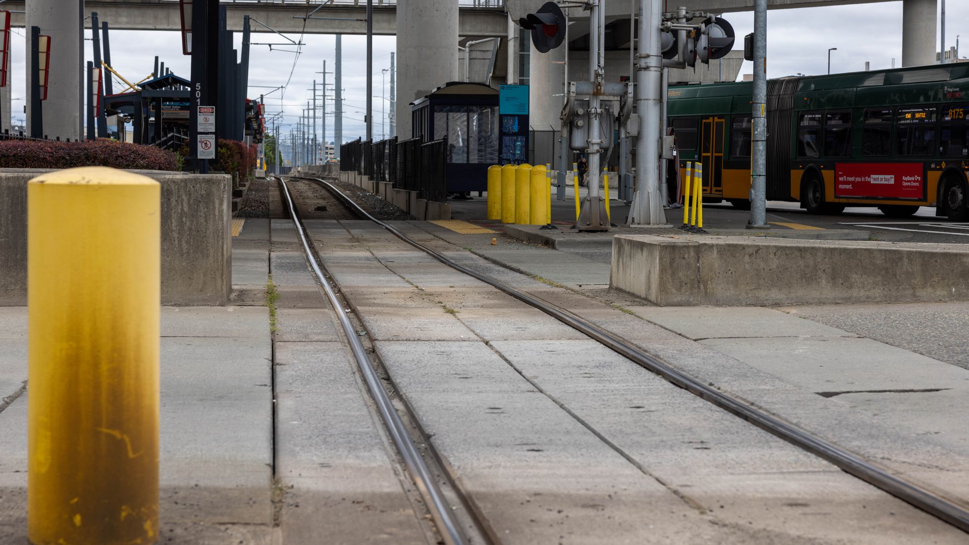 Train tracks that are sagging near the Sound Transit Stadium Station in Seattle.