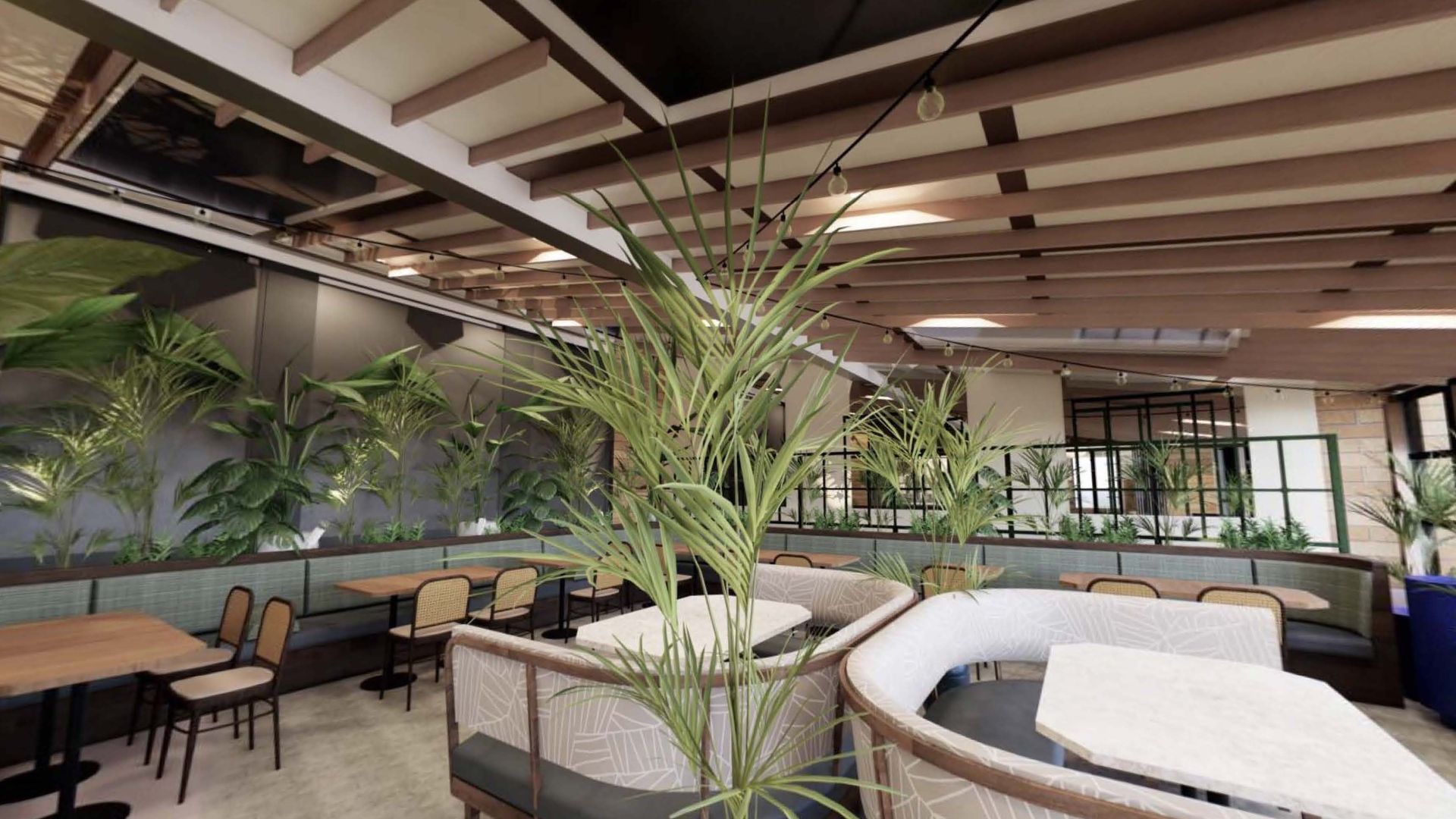 A rendering showing booths and tables with lots of plants and wood beam ceilings