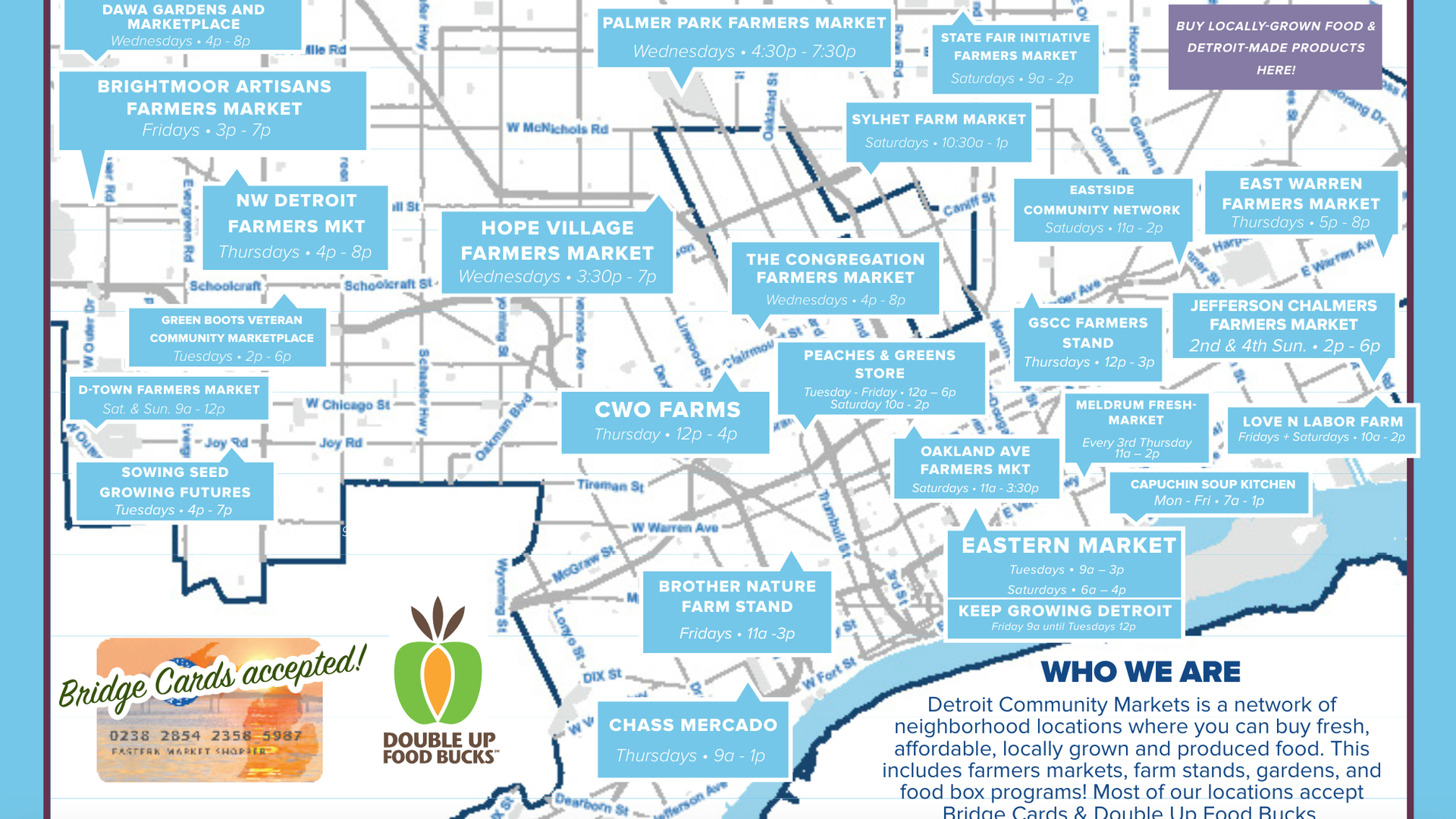 The 2024 Detroit Community Markets map of farmers markets and stands across the city. Photo: Screenshot courtesy of Detroit Community Markets. 