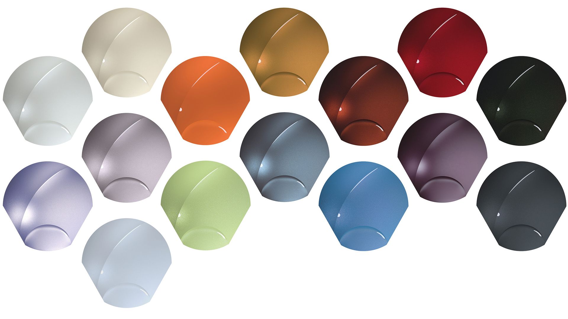 A rainbow of colors that will be popular in cars in the coming years, from BASF's 2021 collection.
