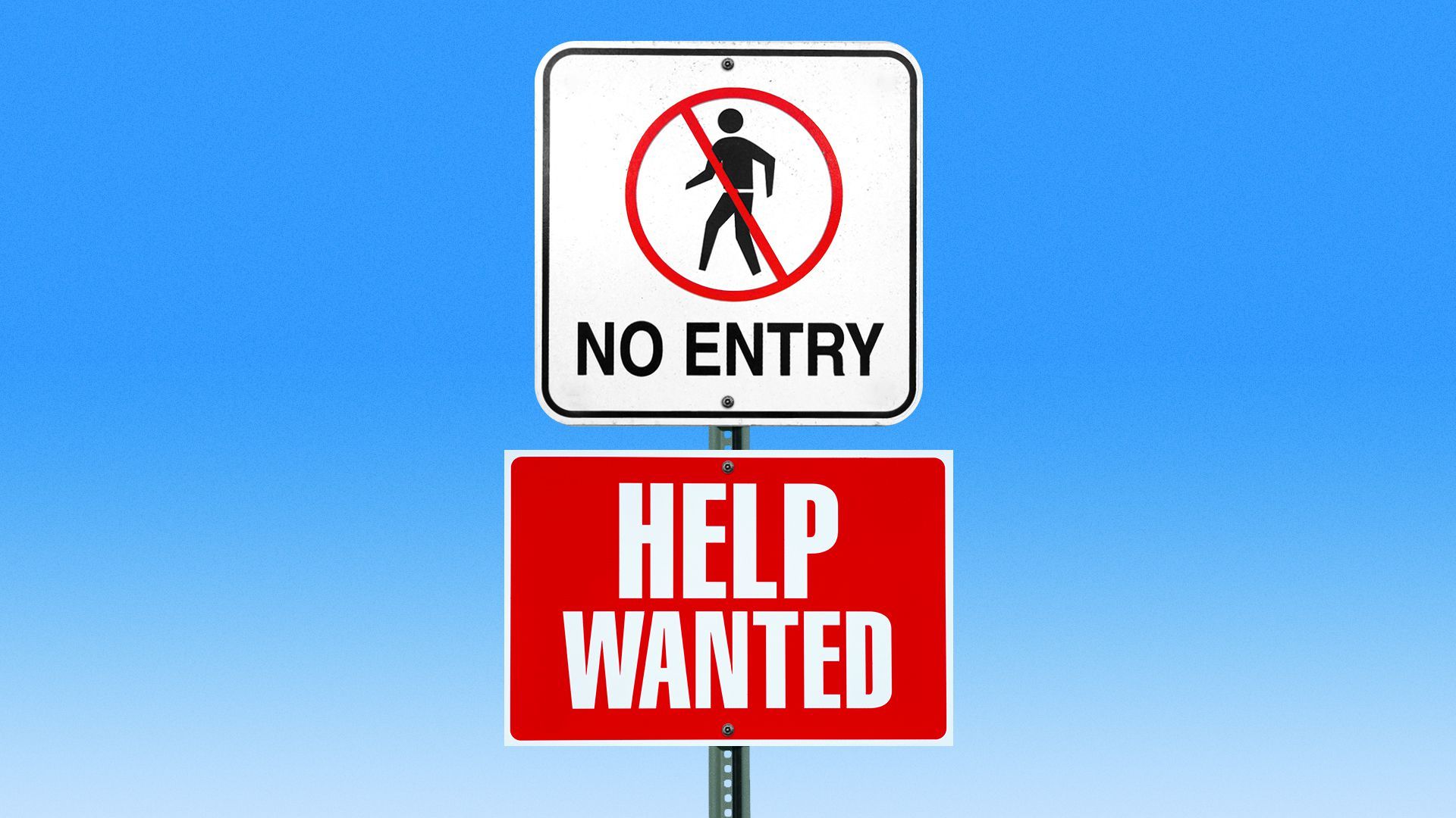 Illustration of two signs on a post, one reading "NO ENTRY" and the second reading "HELP WANTED"