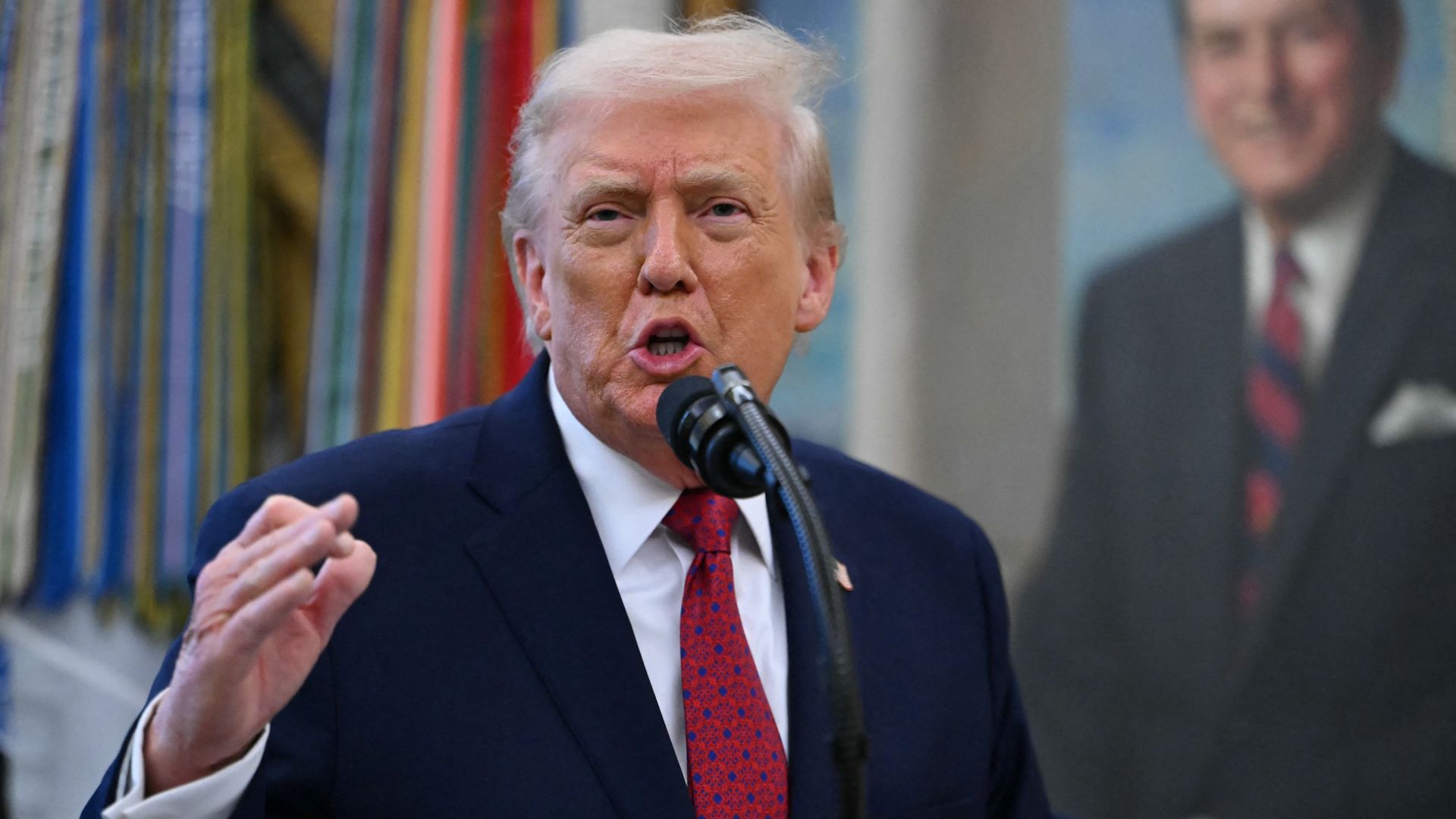 US President Donald Trump speaks during a Mexican Border Defense Medal presentation in the Oval Office of the White House in Washington, DC, on December 15, 2025. (Photo by ANDREW CABALLERO-REYNOLDS / AFP via Getty Images)