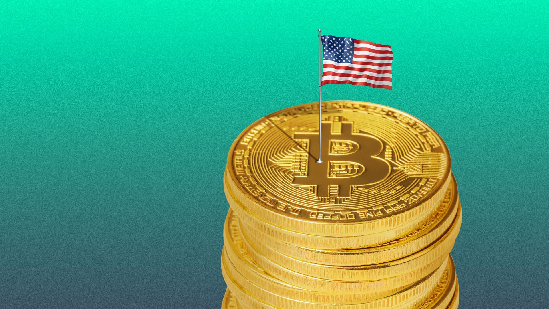 Illustration of a stack of Bitcoins with an American flag planted on top. 