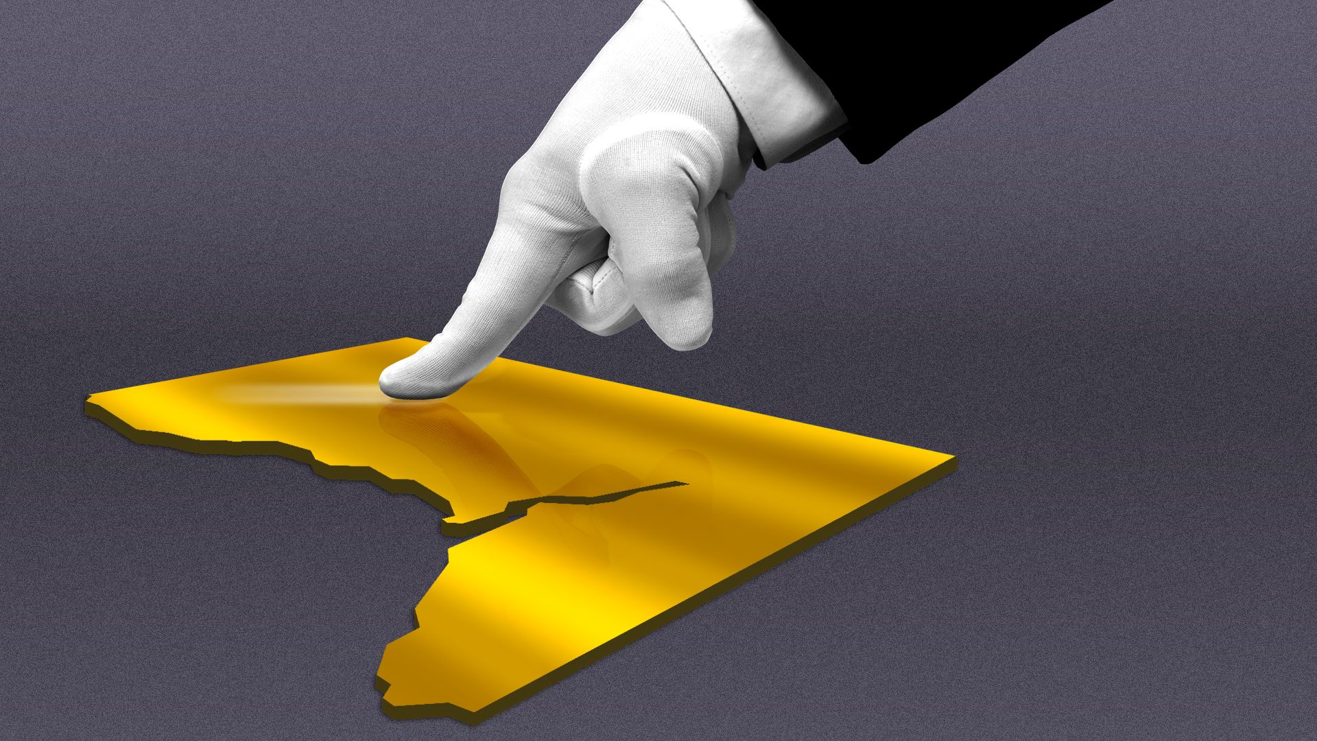 Illustration of a suited hand in a white glove giving a white glove test to a piece of gold in the shape of Washington D.C.