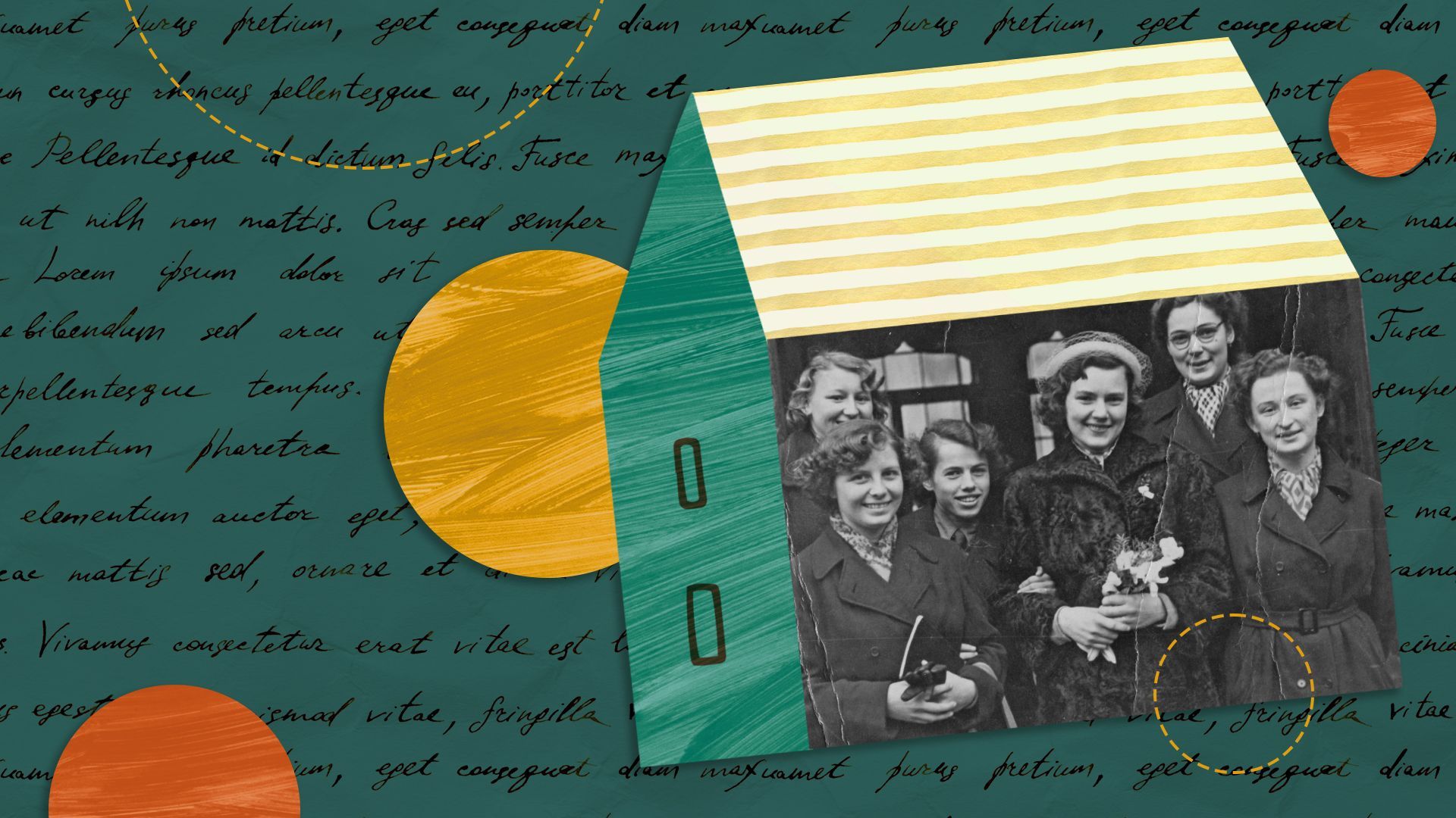 Photo illustration of a group of women collaged with abstract shapes and text.
