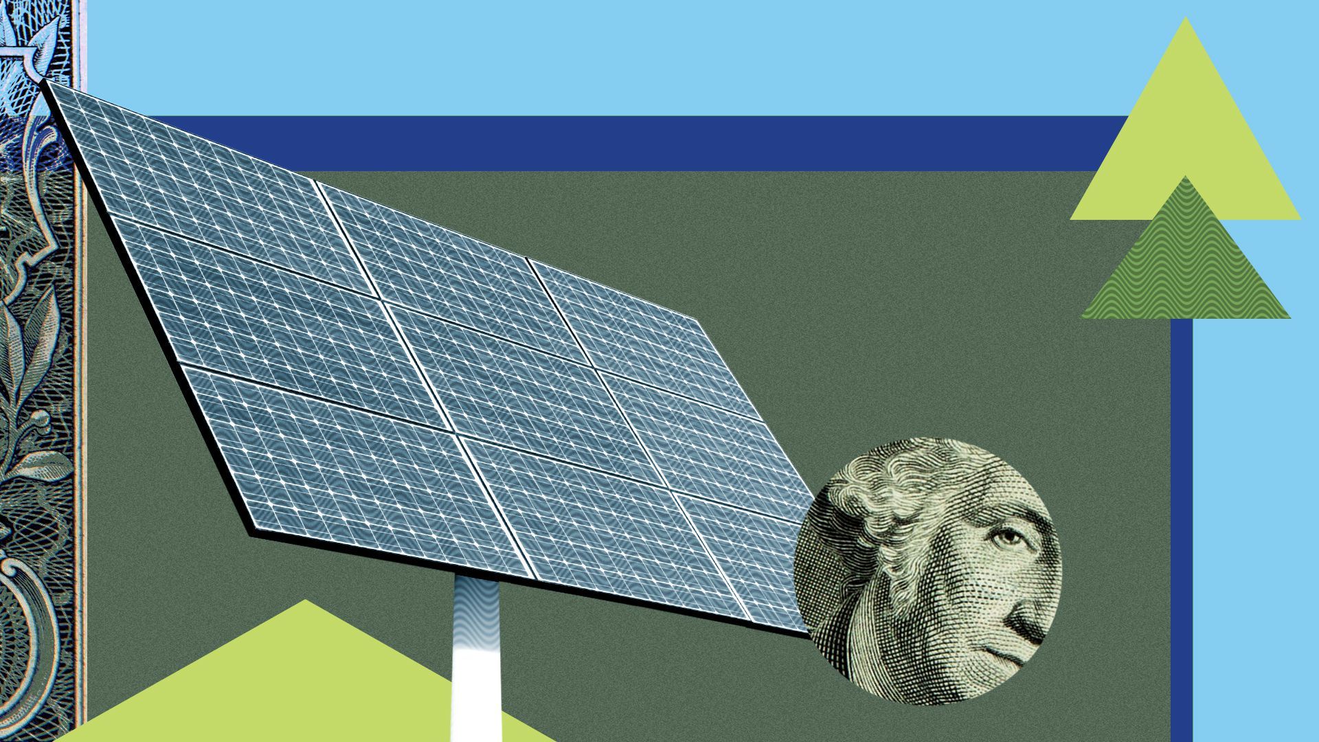 Illustration of a solar panel with shapes and zoomed in sections of dollar bills.