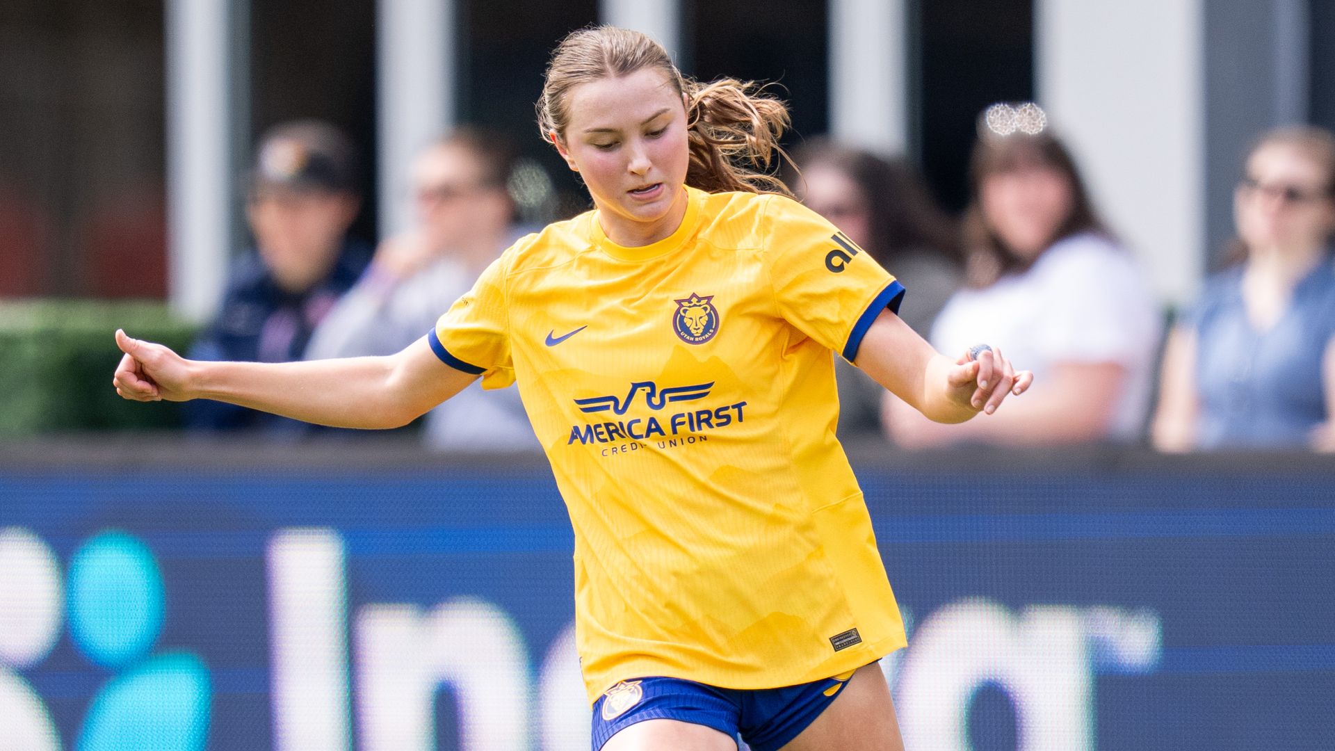 Kate Del Fava #8 of the Utah Royals passes the ball during a game between the Utah Royals and the Washington Spirit at Audi Field on March 31, 2024.
