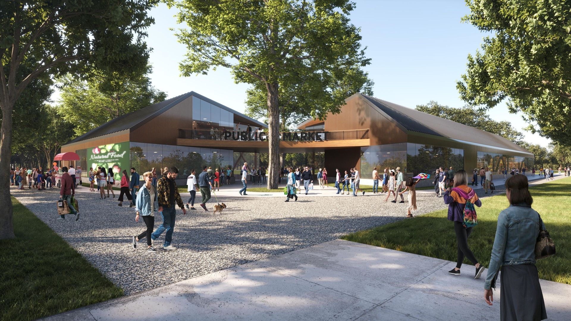 A rendering of a public market building at Pioneer Park.