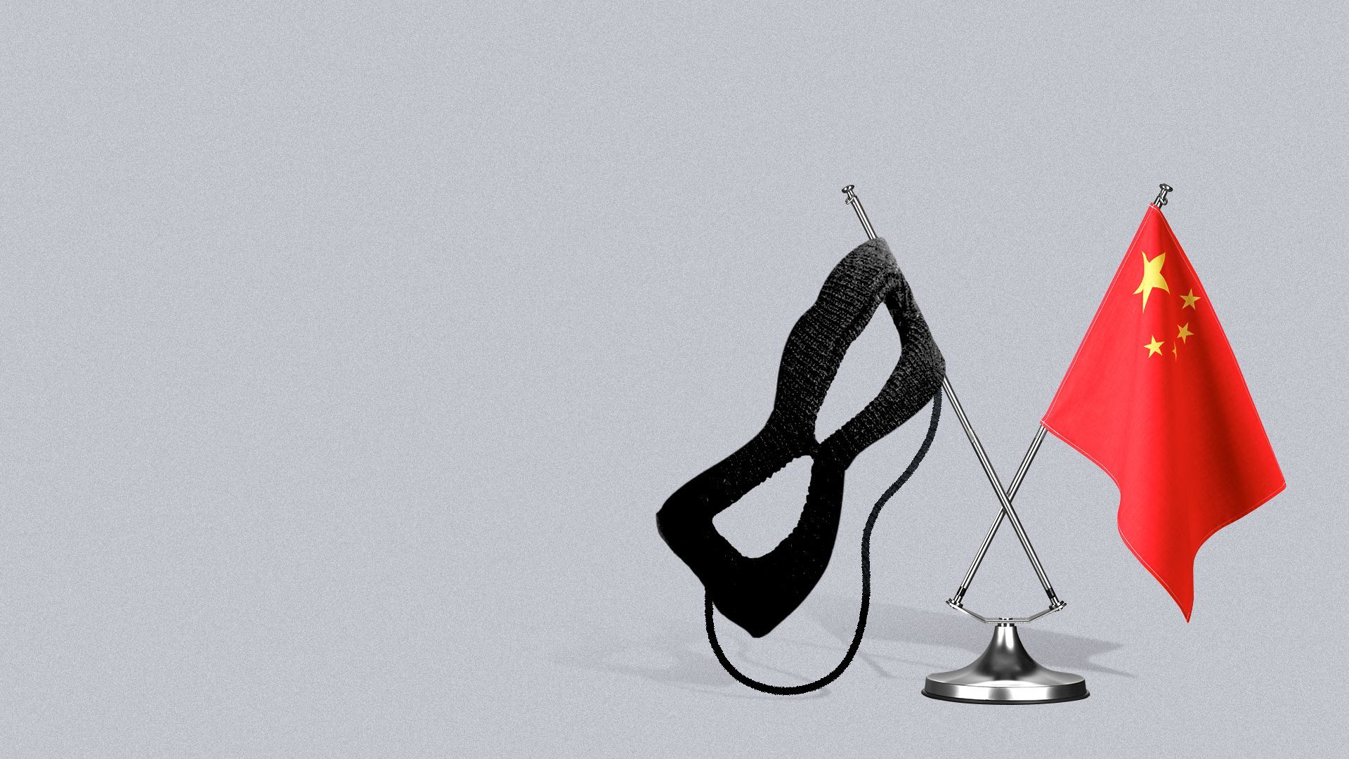 Illustration of two small flags crossed at their respective poles, one is a Chinese flag and the other is a spy mask made to look like a flag. 