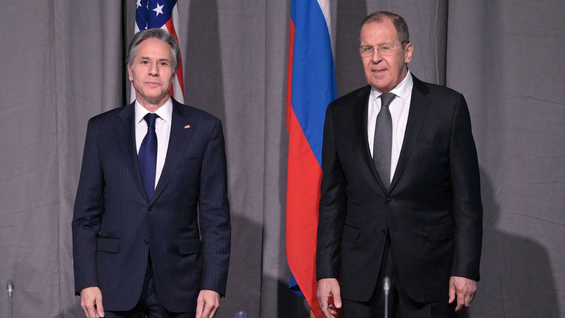Secretary of State Antony Blinken (L) and Russian counterpart Sergei Lavrov at the start of their meeting in Stockholm, on December 2.