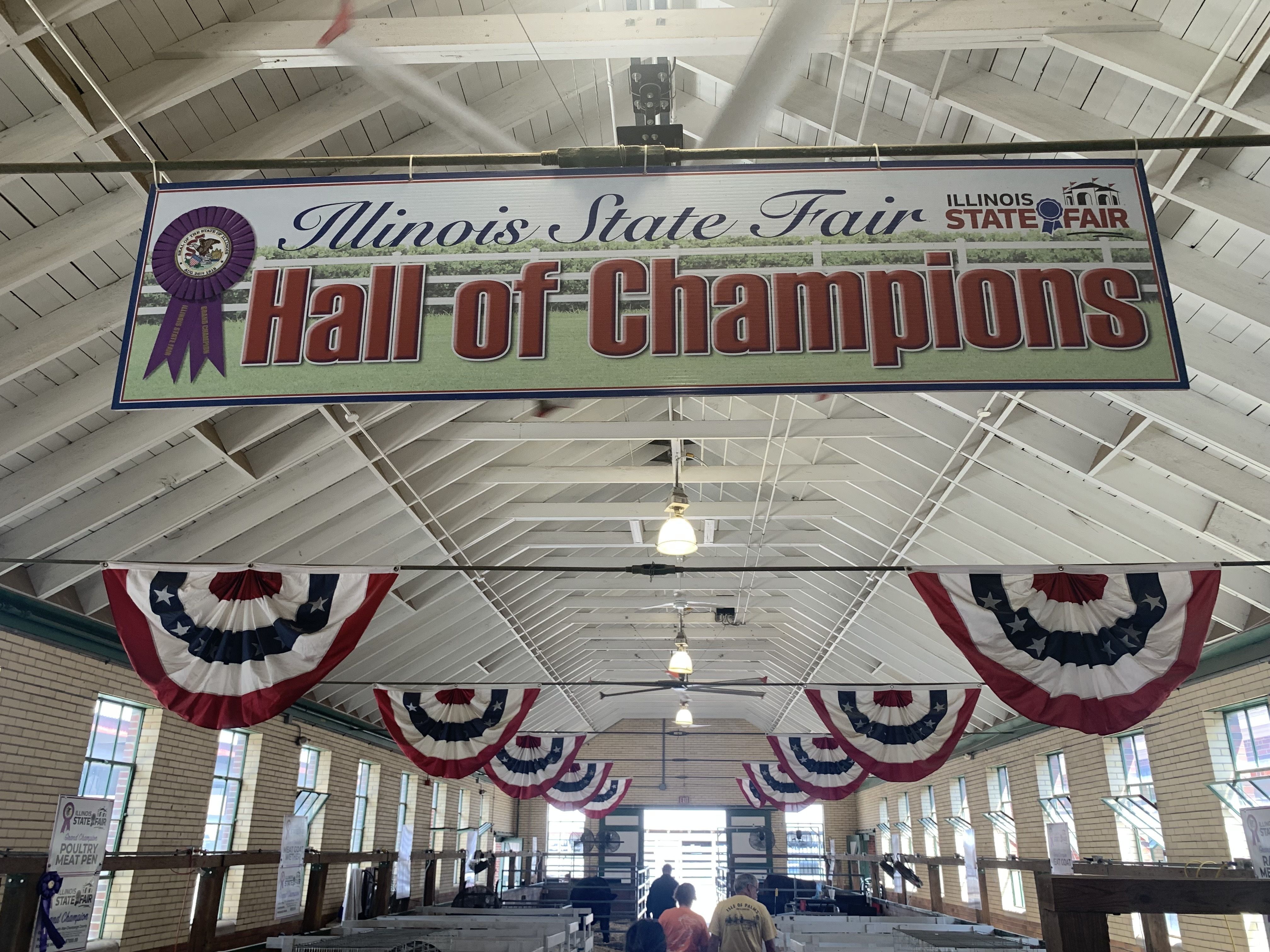 Indoor banner showing 'Illinois State Fair' and the large 'Hall of Champions' text, with a purple ribbon on the left and red, white, and blue bunting overhead.