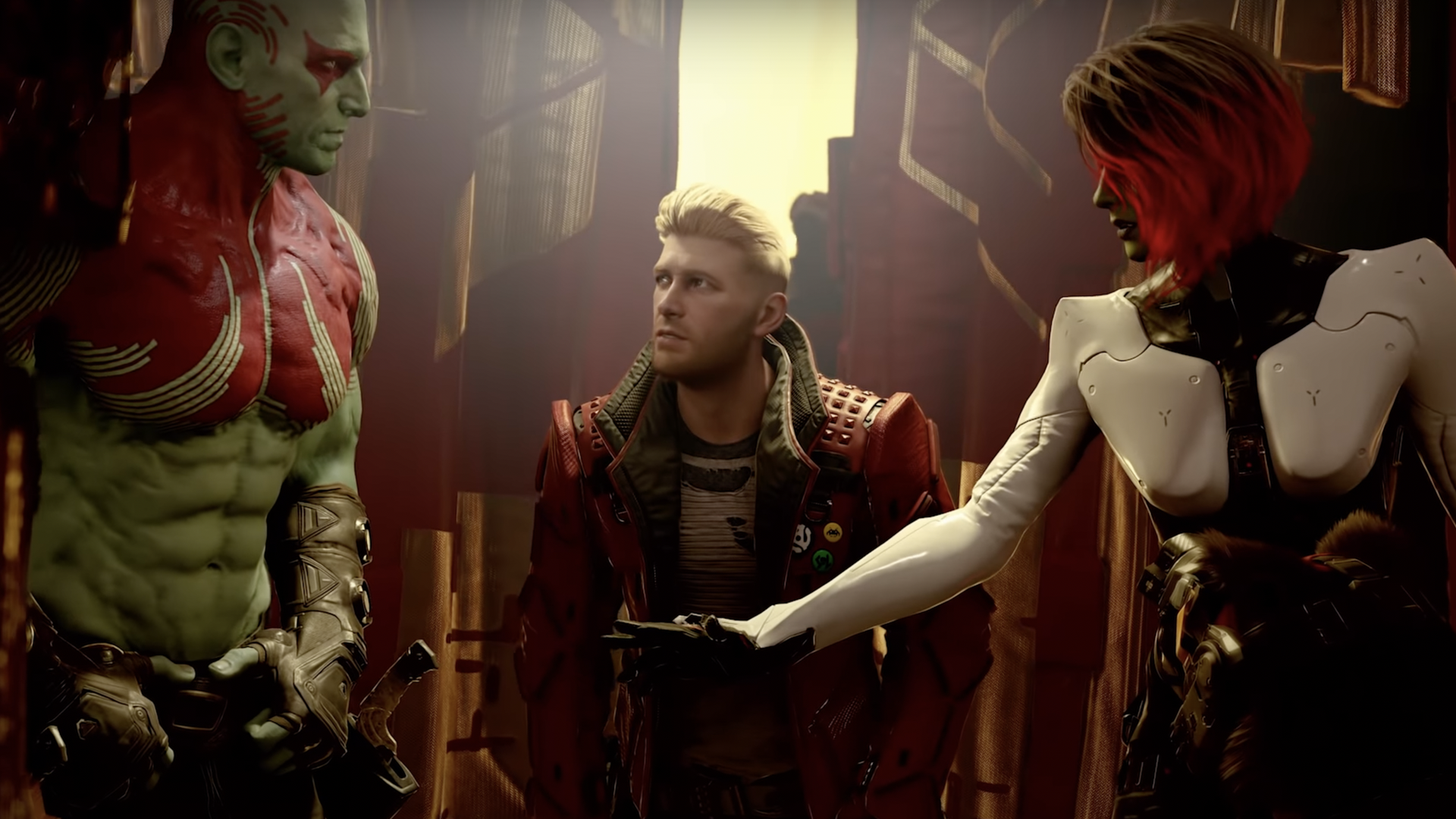 Screenshot of an in-game scene from the Guardians of Galaxy game, showing a green muscled man with a white blonde man and a woman with pink hair