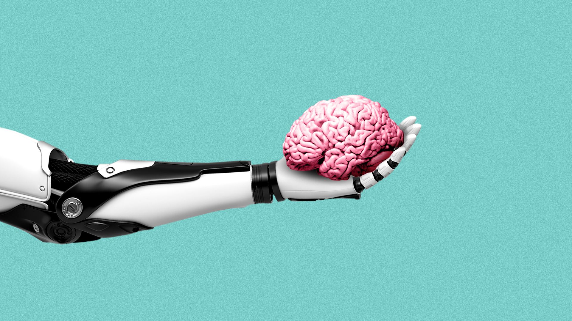 Illustration of a robot arm holding a brain. 