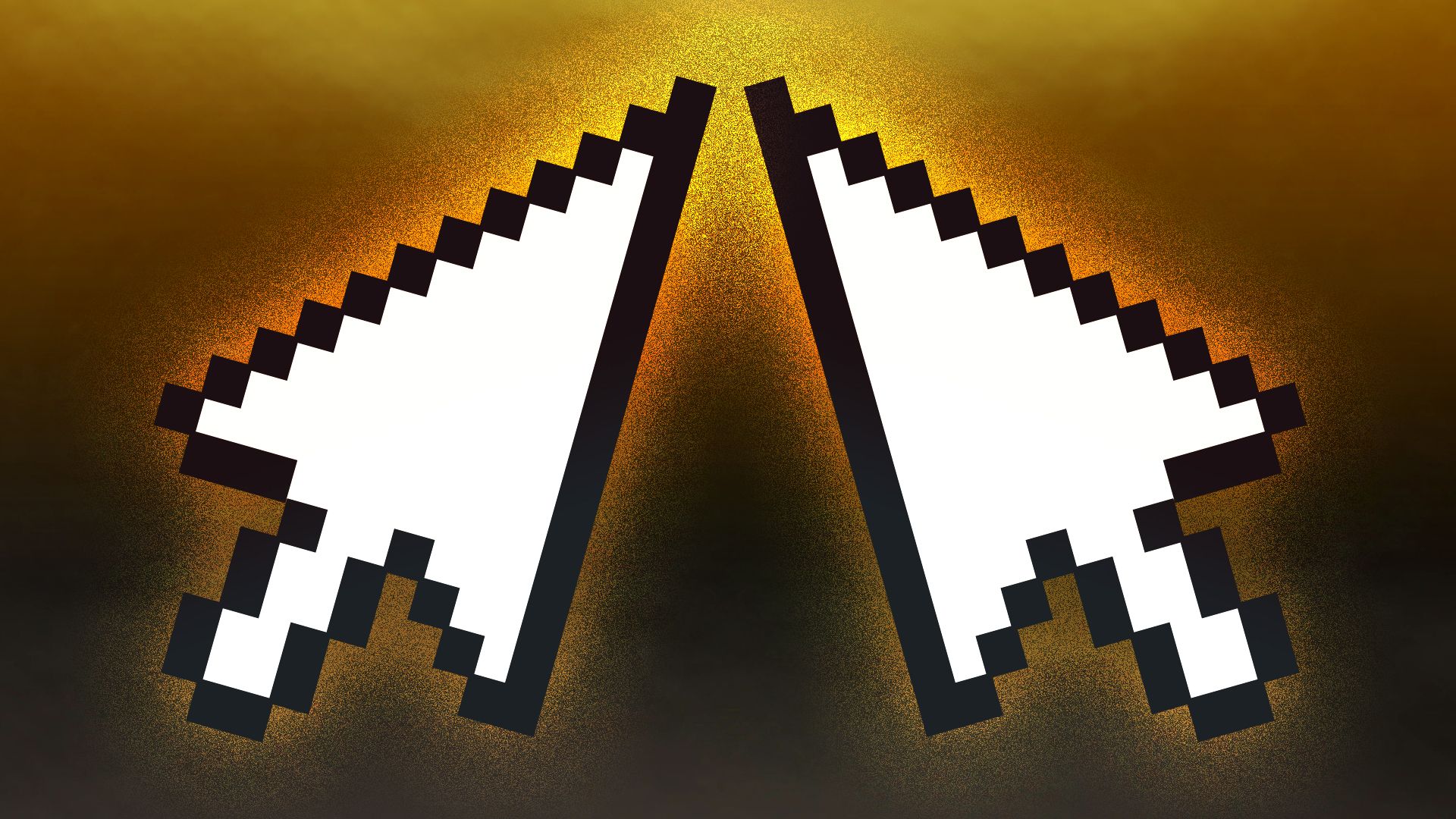 Illustration of two computer cursor arrows mirroring and pointing towards each other and glowing