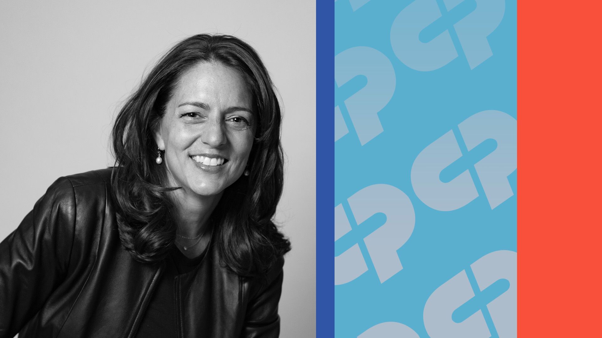 Photo illustration of Colgate-Palmolive chief communications officer Paula Davis next to a repeated series of Colgate-Palmolive logos and blocks of color