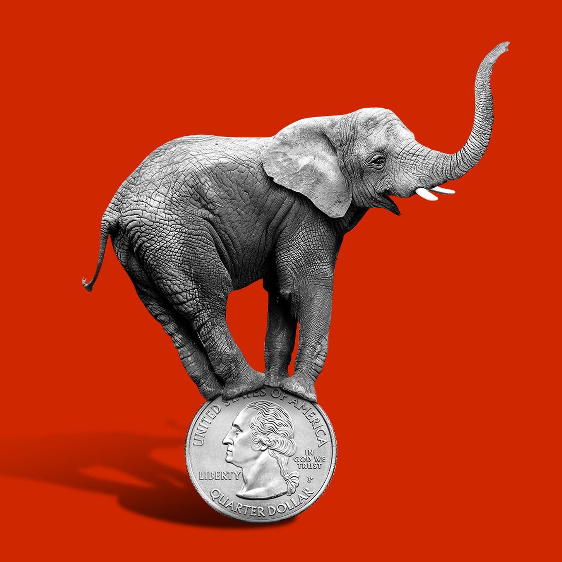 Illustration of an elephant balancing on a quarter.   