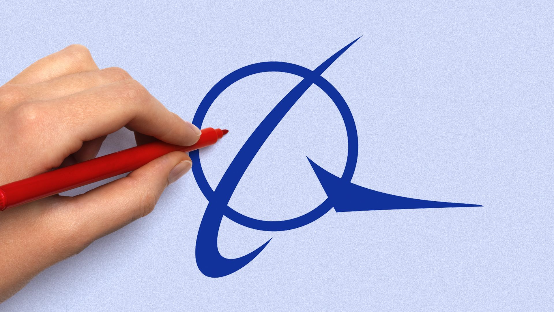 Illustration of the Boeing logo with a hand holding a red pen above it