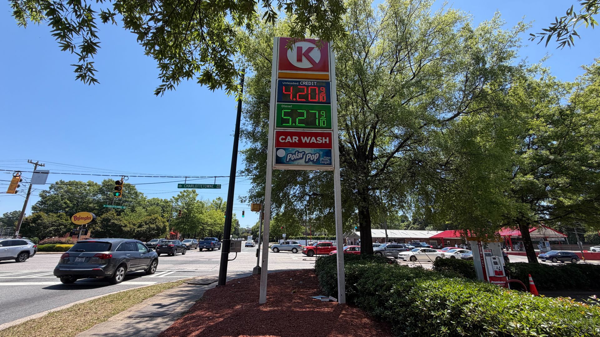 Gas station price sign with red K logo showing unleaded $4.20 and diesel $5.27; red CAR WASH panel, Polar Pop ad, and a busy street with cars, trees, and a clear blue sky.