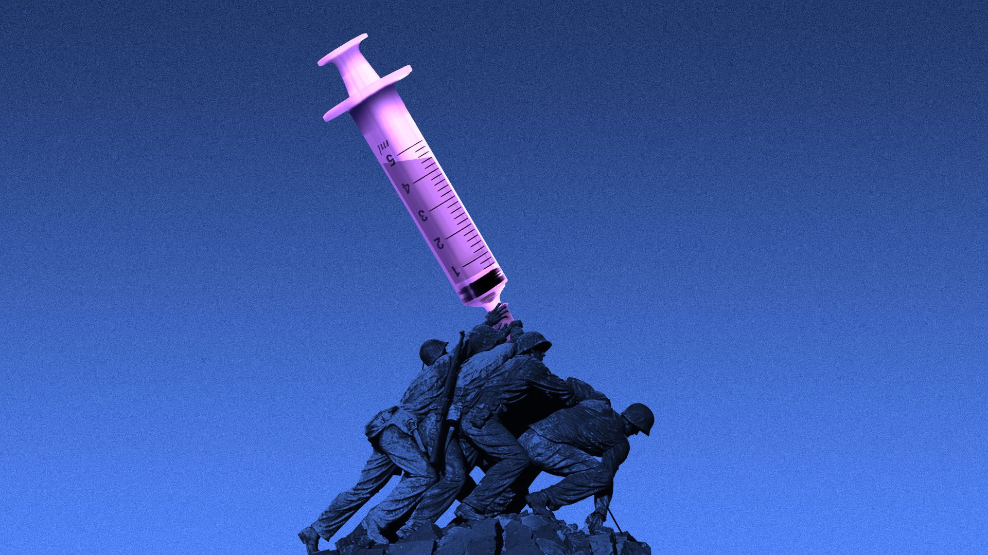 Illustration of the soldiers at Iwo Jima planting a medical syringe 