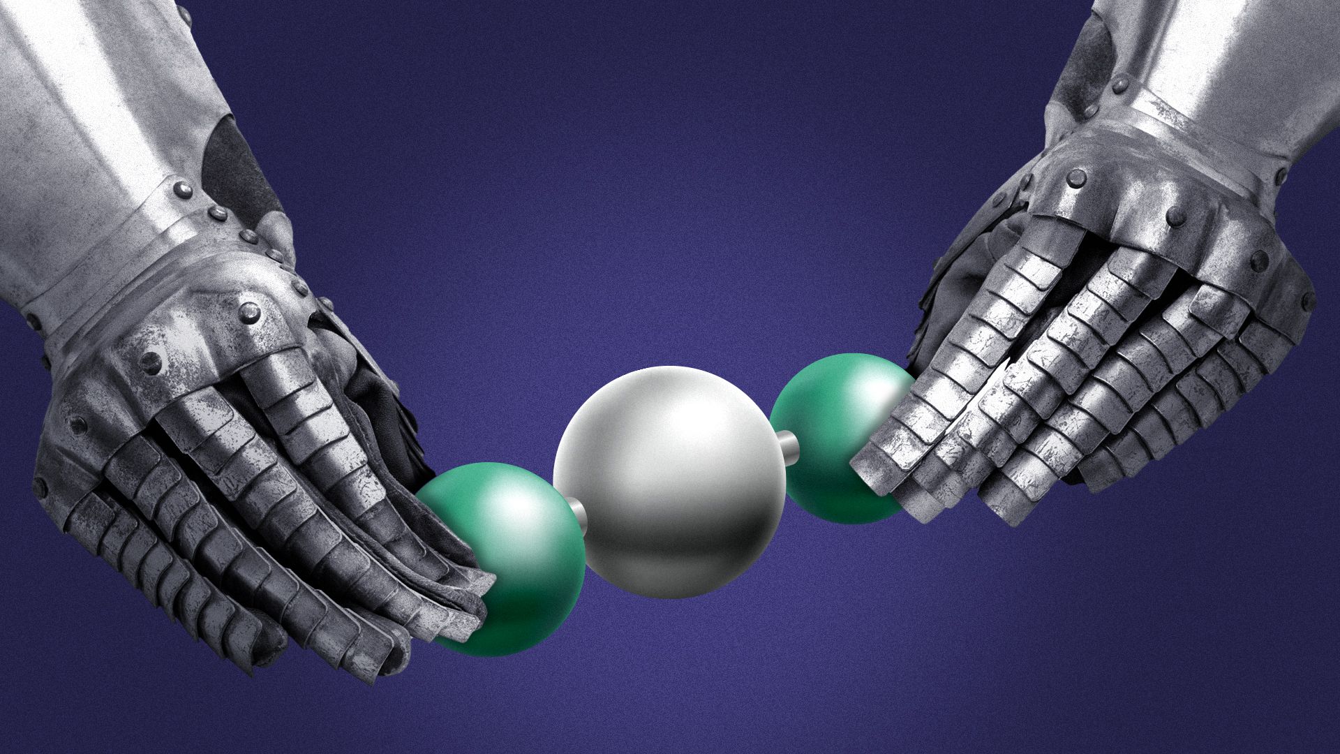 Illustration of two gauntlets holding a carbon dioxide molecule.