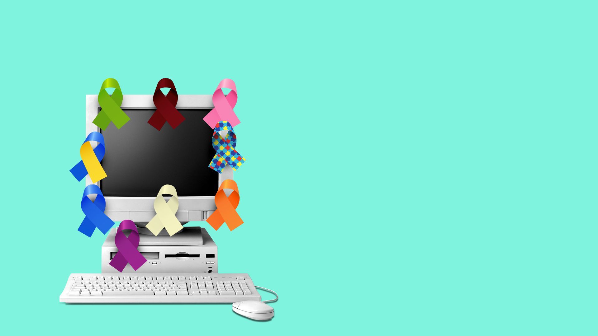 Illustration of a computer covered in various disability awareness ribbons.