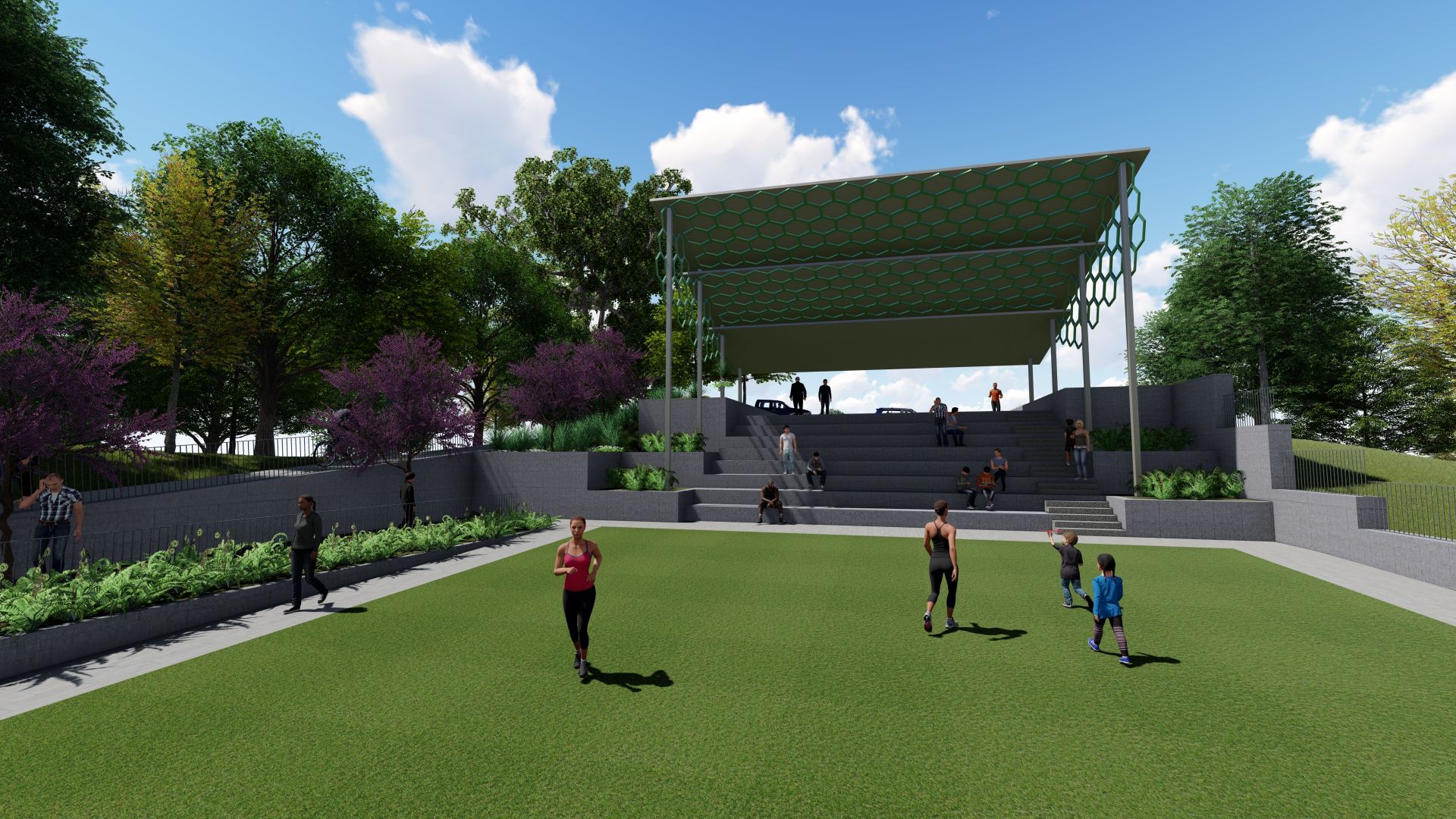 A rendering showing greenspace and covered seating topped with solar panels