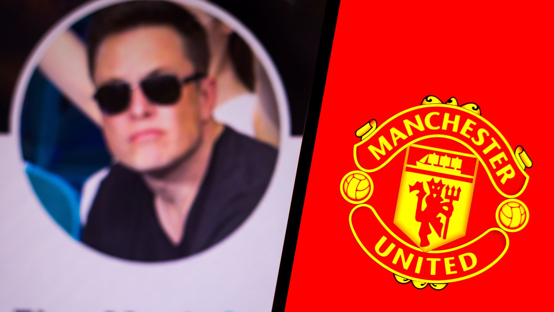 Manchester United Football Club logo seen displayed on a smartphone with Elon Musk's official Twitter profile.